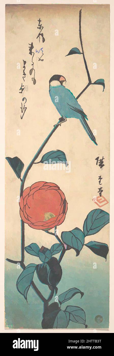 Art inspired by Camellia and Finch, Edo period (1615–1868), ca. 1840, Japan, Polychrome woodblock print; ink and color on paper, 12 31/32 x 4 1/4 in. (33.0 x 10.8 cm), Prints, Utagawa Hiroshige (Japanese, Tokyo (Edo) 1797–1858 Tokyo (Edo, Classic works modernized by Artotop with a splash of modernity. Shapes, color and value, eye-catching visual impact on art. Emotions through freedom of artworks in a contemporary way. A timeless message pursuing a wildly creative new direction. Artists turning to the digital medium and creating the Artotop NFT Stock Photo
