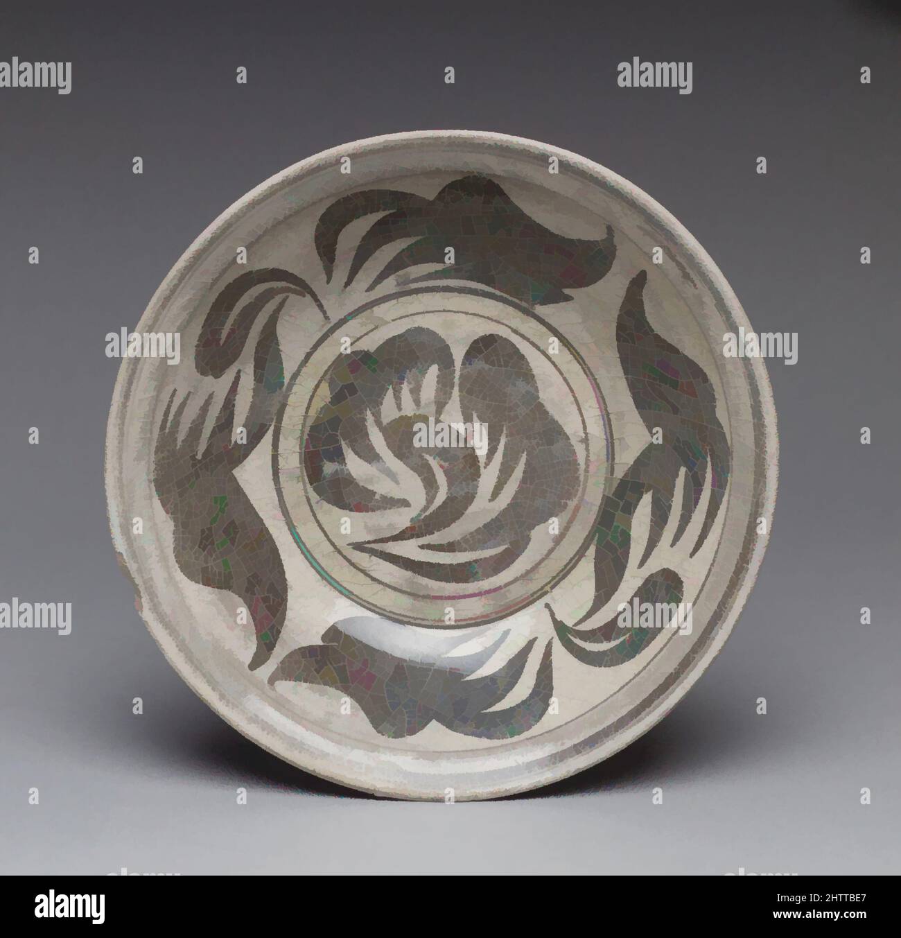 Art inspired by Dish, 14th–mid-16th century, Thailand, Earthenware with underglaze iron-brown decoration (Kalong ware), H. 2 in. (5.1 cm); Diam. 8 1/4 in. (21 cm), Ceramics, Ceramics were produced in some number in the kingdom of Lan Na centered in northern Thailand. More than 200, Classic works modernized by Artotop with a splash of modernity. Shapes, color and value, eye-catching visual impact on art. Emotions through freedom of artworks in a contemporary way. A timeless message pursuing a wildly creative new direction. Artists turning to the digital medium and creating the Artotop NFT Stock Photo