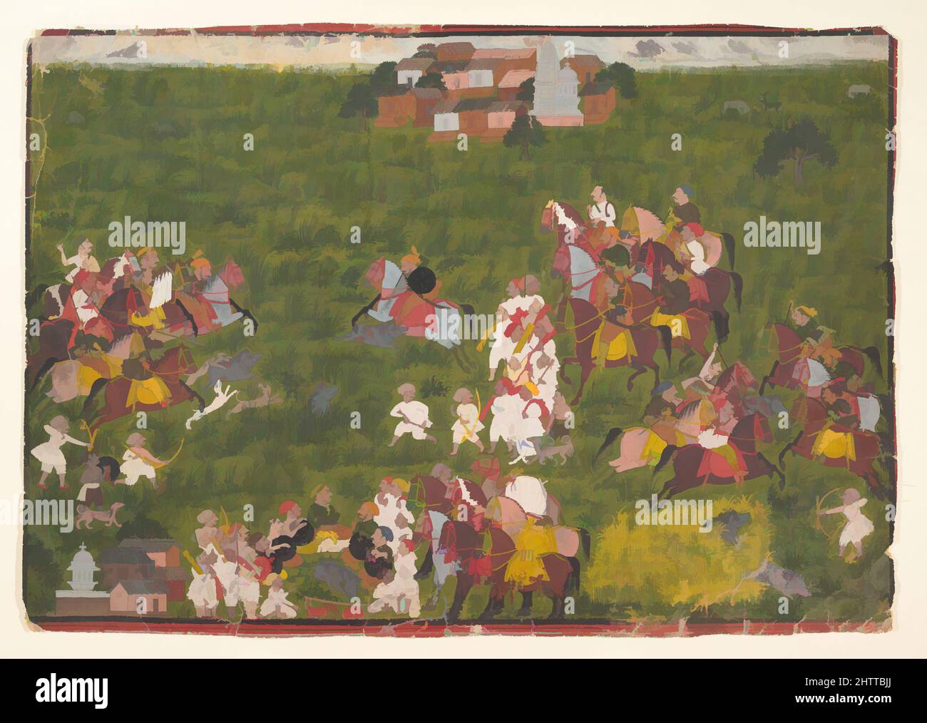 Art inspired by Maharana Sangram Singh Hunting Wild Boar, ca. 1725, Western India, Rajasthan, Udaipur, Ink and opaque watercolor on paper, 12 1/4 x 17 13/16 in. (31.1 x 45.2 cm), Paintings, Riding a light gray stallion, the maharana of Mewar, Sangram Singh, appears in four scenes, Classic works modernized by Artotop with a splash of modernity. Shapes, color and value, eye-catching visual impact on art. Emotions through freedom of artworks in a contemporary way. A timeless message pursuing a wildly creative new direction. Artists turning to the digital medium and creating the Artotop NFT Stock Photo