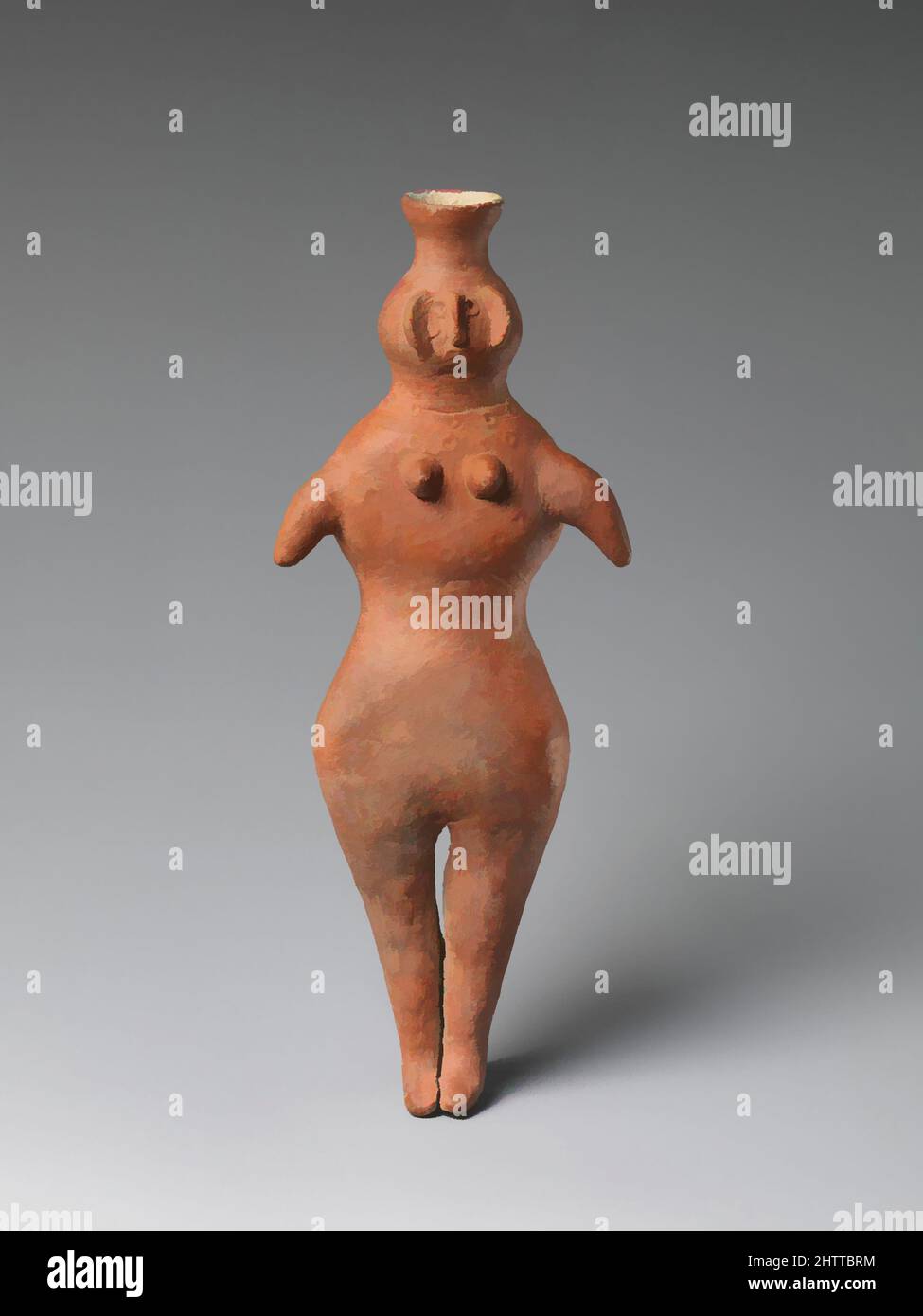 Art inspired by Vessel in the Shape of a Female, ca. 1000–500 B.C., Pakistan (Northwest Frontier Province), Terracotta, H. 9 1/4 in. (23.5 cm), Sculpture, This vessel, of indeterminate function, is a rare early example of female cult imagery. The form is not typical of early India and, Classic works modernized by Artotop with a splash of modernity. Shapes, color and value, eye-catching visual impact on art. Emotions through freedom of artworks in a contemporary way. A timeless message pursuing a wildly creative new direction. Artists turning to the digital medium and creating the Artotop NFT Stock Photo