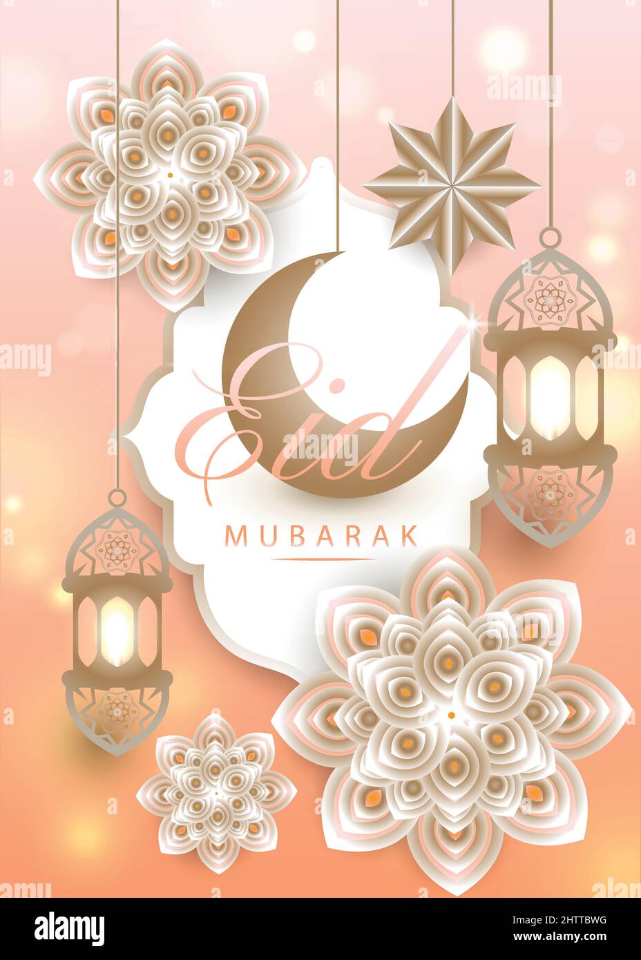 3d pink Islamic holiday banner. Metal moon, lantern and star decorations hung around mosque window with beautiful flowers. Calligraphy Text: Eid Mubar Stock Vector