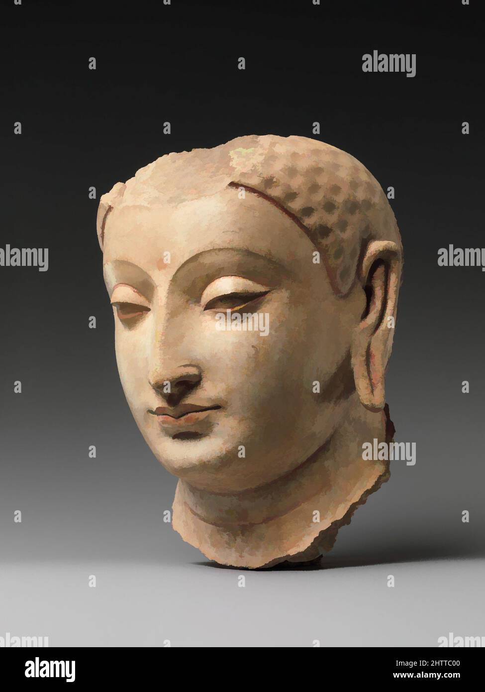 Art inspired by Head of Buddha, 5th–6th century, Afghanistan (probably Hadda), Stucco with traces of paint, H. 7 1/4 in. (18.4 cm), Sculpture, The well-preserved surface and traces of paint provide an idea of what this head looked like when it was being used in worship. The abstracted, Classic works modernized by Artotop with a splash of modernity. Shapes, color and value, eye-catching visual impact on art. Emotions through freedom of artworks in a contemporary way. A timeless message pursuing a wildly creative new direction. Artists turning to the digital medium and creating the Artotop NFT Stock Photo