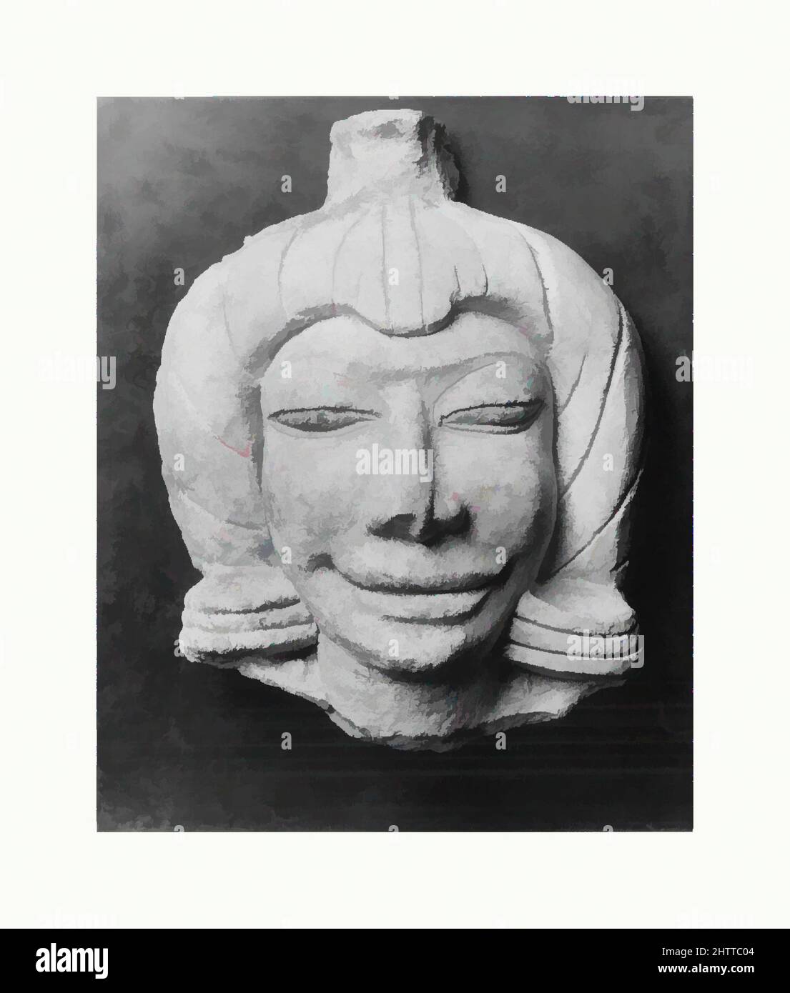 Art inspired by Head of a Male Figure, Mon-Dvaravati period, 8th–9th century, Thailand (Ratchaburi Province, Ku Bua), Stucco with color, H. 6 7/8 in. (17.5 cm), Sculpture, In Thailand, stupas and temples were often embellished with terracotta and stucco sculptures. In some instances, Classic works modernized by Artotop with a splash of modernity. Shapes, color and value, eye-catching visual impact on art. Emotions through freedom of artworks in a contemporary way. A timeless message pursuing a wildly creative new direction. Artists turning to the digital medium and creating the Artotop NFT Stock Photo