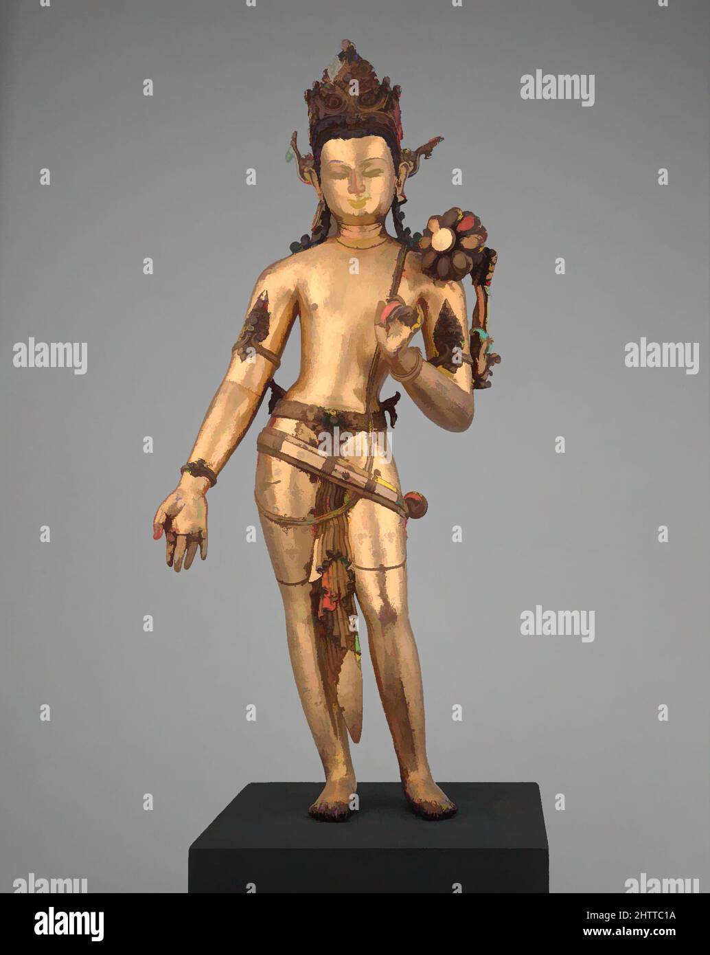Art inspired by The Bodhisattva Padmapani Lokeshvara, Transitional period, 11th century, Nepal (Kathmandu Valley), Copper alloy with gilding and semiprecious stones, H. 23 in. (58.4 cm); W. 10 1/2 in. (25.7 cm); D. 4 3/4 in. (12.1 cm), Sculpture, Maitreya, the messianic bodhisattva, Classic works modernized by Artotop with a splash of modernity. Shapes, color and value, eye-catching visual impact on art. Emotions through freedom of artworks in a contemporary way. A timeless message pursuing a wildly creative new direction. Artists turning to the digital medium and creating the Artotop NFT Stock Photo
