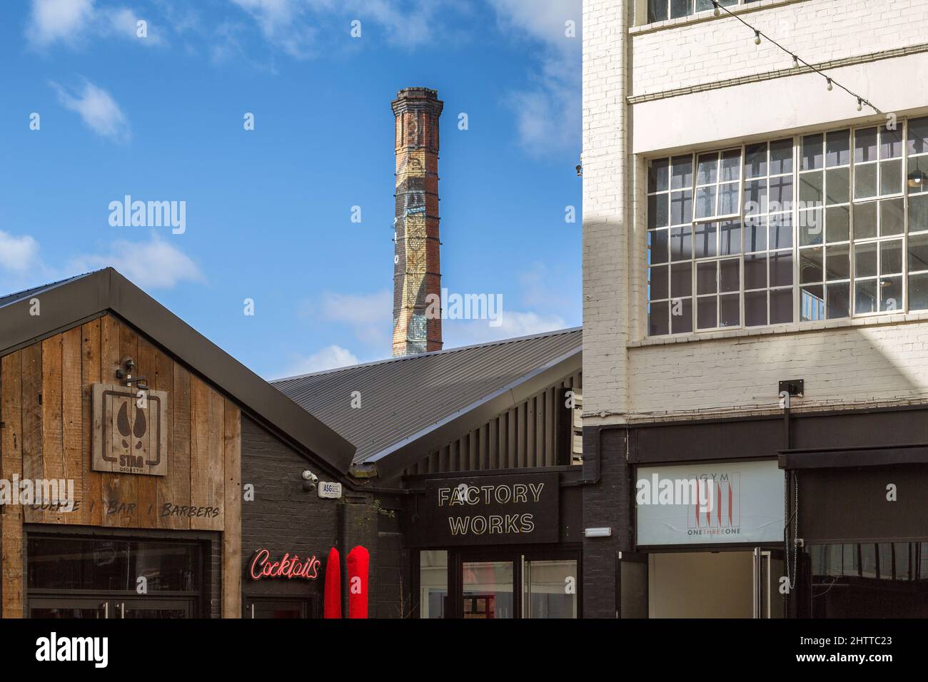 The Alfie Mo mural on the 30m tall brick chimney at the rear of the Custard Factory, a business and shopping hub set in converted Victorian factories. Stock Photo