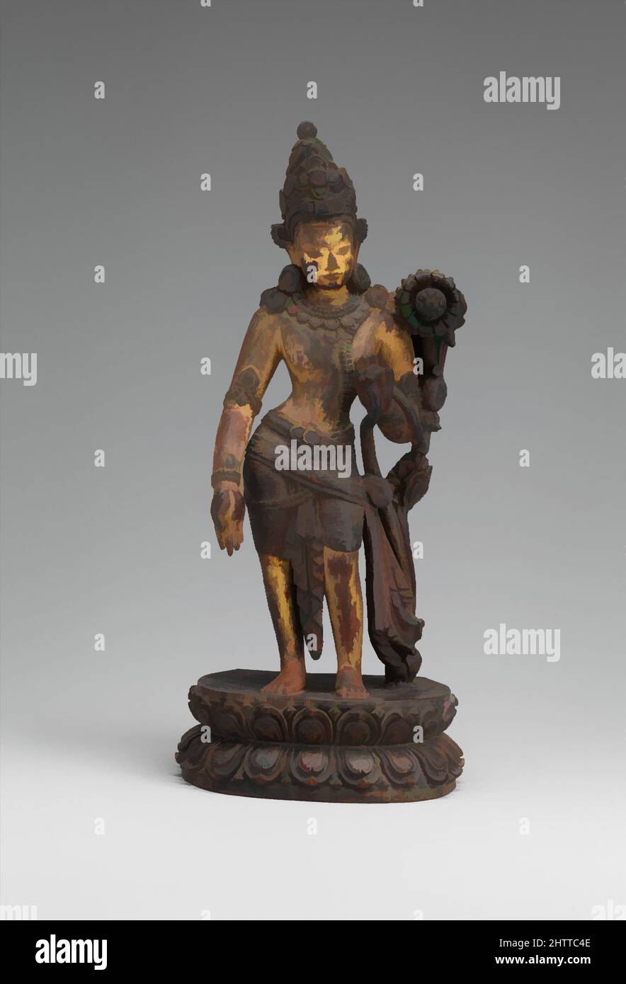 Art inspired by Standing Avalokiteshvara, 16th century, Nepal (Kathmandu Valley), Sandalwood, traces of polychrome and gold, H. 6 in. (15.2 cm), Sculpture, Avalokiteshvara, the bodhisattva of this cosmic age, is shown with one hand lowered in the boon-giving gesture (varada mudra, Classic works modernized by Artotop with a splash of modernity. Shapes, color and value, eye-catching visual impact on art. Emotions through freedom of artworks in a contemporary way. A timeless message pursuing a wildly creative new direction. Artists turning to the digital medium and creating the Artotop NFT Stock Photo