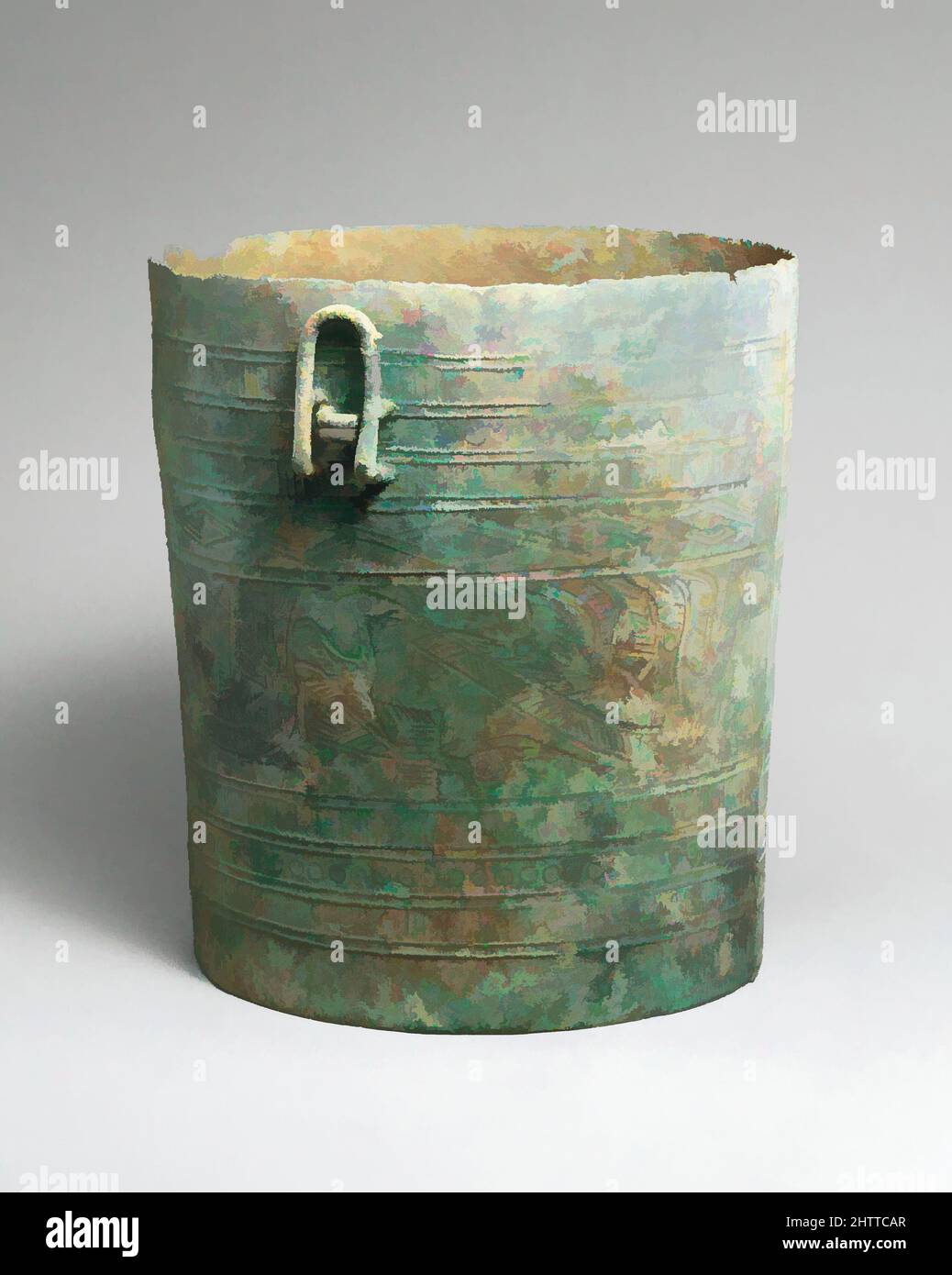 Art inspired by Situla with Design of Boats, Bronze and Iron Age period, Dongson culture, ca. 500 B.C.–A.D. 300, Vietnam, Bronze, H. 8 1/4 in. (21 cm), Metalwork, Axes, situlae, and drums play an important role in Vietnam's Dongson culture named after a site located on the coastline to, Classic works modernized by Artotop with a splash of modernity. Shapes, color and value, eye-catching visual impact on art. Emotions through freedom of artworks in a contemporary way. A timeless message pursuing a wildly creative new direction. Artists turning to the digital medium and creating the Artotop NFT Stock Photo