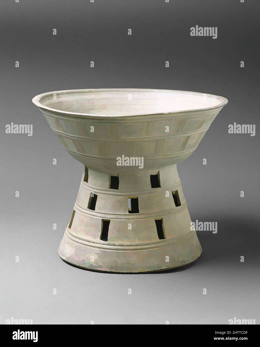 Art inspired by Stand with perforated base, 그릇받침 삼국, 신라, Three Kingdoms period, Silla Kingdom (57 B.C.–A.D. 676), 5th–6th century, Korea, Stoneware with traces of ash glaze, H. 16 in. (40.6 cm), Ceramics, Classic works modernized by Artotop with a splash of modernity. Shapes, color and value, eye-catching visual impact on art. Emotions through freedom of artworks in a contemporary way. A timeless message pursuing a wildly creative new direction. Artists turning to the digital medium and creating the Artotop NFT Stock Photo