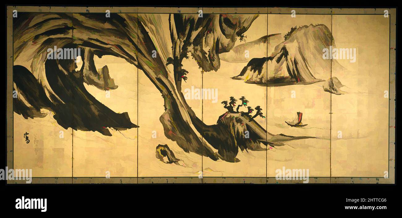 Art inspired by Landscapes with the Chinese Literati Su Shi and Tao Qian, 山水唐人物図屏風, Edo period (1615–1868), 1795–99, Japan, Pair of six-panel folding screens; ink on gold leaf on paper, Image (each screen): 67 3/8 in. x 12 ft. 2 3/4 in. (171.1 x 372.7 cm), Screens, Nagasawa Rosetsu (, Classic works modernized by Artotop with a splash of modernity. Shapes, color and value, eye-catching visual impact on art. Emotions through freedom of artworks in a contemporary way. A timeless message pursuing a wildly creative new direction. Artists turning to the digital medium and creating the Artotop NFT Stock Photo