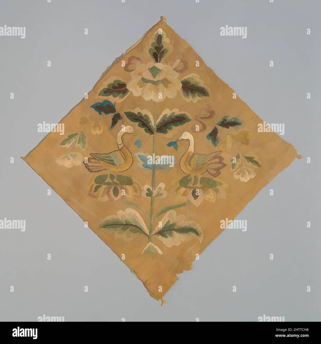 Art inspired by Textile with Confronted Birds, Tang dynasty (618–907), early 8th century, China, Silk embroidery on plain-weave silk, Overall: 12 1/4 x 12 1/8 in. (31.1 x 30.8 cm), Textiles-Embroidered, Although symmetry is a basic element of Chinese design, the motif of a pair of, Classic works modernized by Artotop with a splash of modernity. Shapes, color and value, eye-catching visual impact on art. Emotions through freedom of artworks in a contemporary way. A timeless message pursuing a wildly creative new direction. Artists turning to the digital medium and creating the Artotop NFT Stock Photo