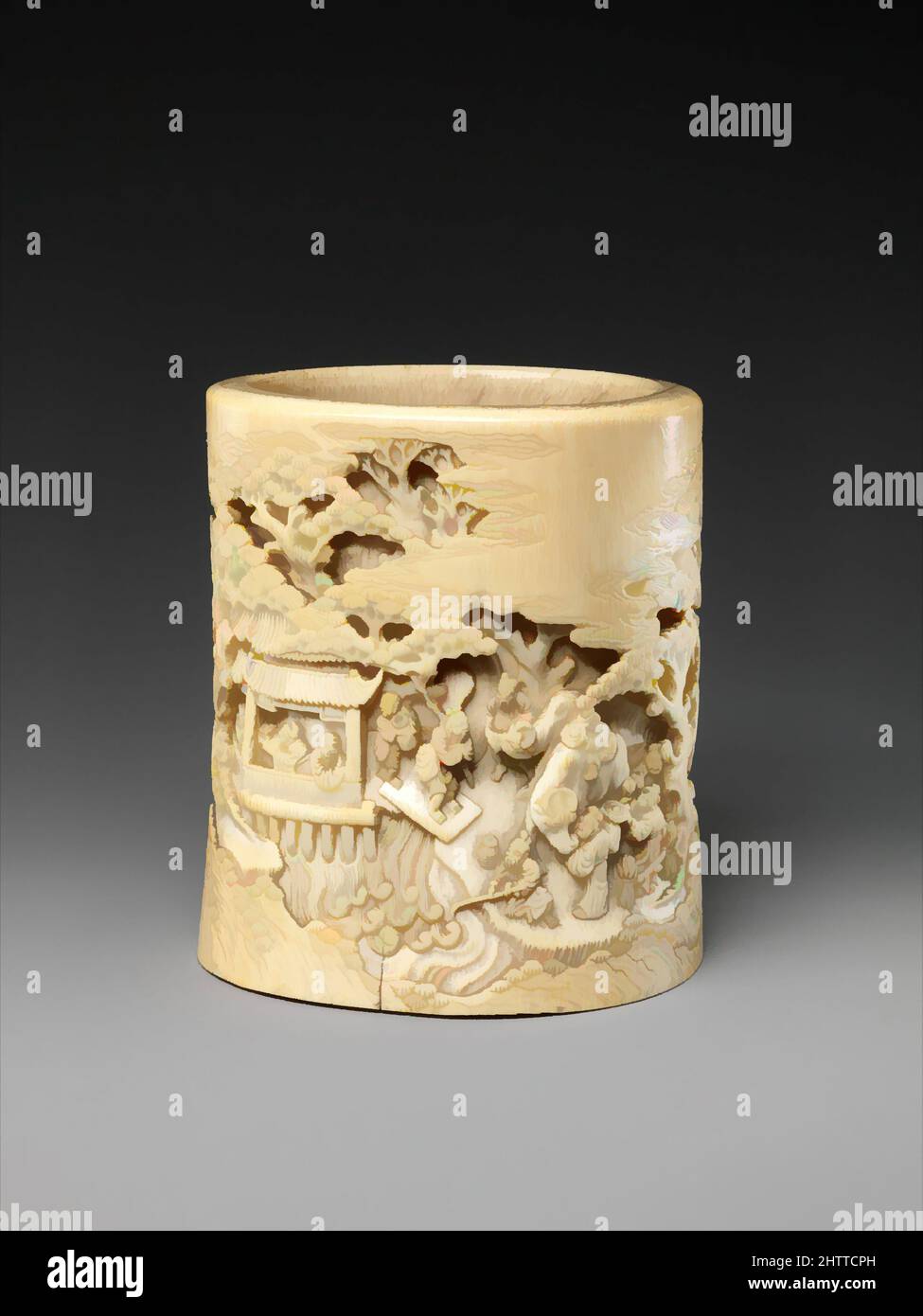 Art inspired by Brush holder with narrative scene, Qing dynasty (1644–1911), 18th century, China, Ivory, H. 5 1/4 in. (13.3cm); Diam. of rim: 4 3/8 in. (11.1 cm); Diam. of base: 4 9/16 in. (11.6 cm), Ivories, The solitary angler may be a reference to a twelfth- or eleventh-century B.C, Classic works modernized by Artotop with a splash of modernity. Shapes, color and value, eye-catching visual impact on art. Emotions through freedom of artworks in a contemporary way. A timeless message pursuing a wildly creative new direction. Artists turning to the digital medium and creating the Artotop NFT Stock Photo