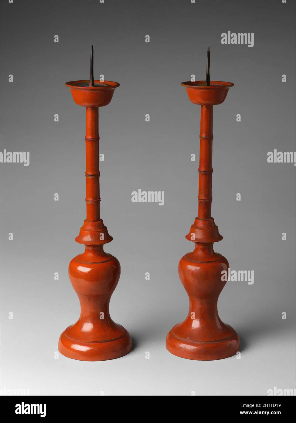 Art inspired by Pair of Candlesticks, Momoyama period (1573–1615), 16th century, Japan, Negoro ware, red lacquer, H.16 1/2 in. (41.9 cm), Lacquer, Classic works modernized by Artotop with a splash of modernity. Shapes, color and value, eye-catching visual impact on art. Emotions through freedom of artworks in a contemporary way. A timeless message pursuing a wildly creative new direction. Artists turning to the digital medium and creating the Artotop NFT Stock Photo