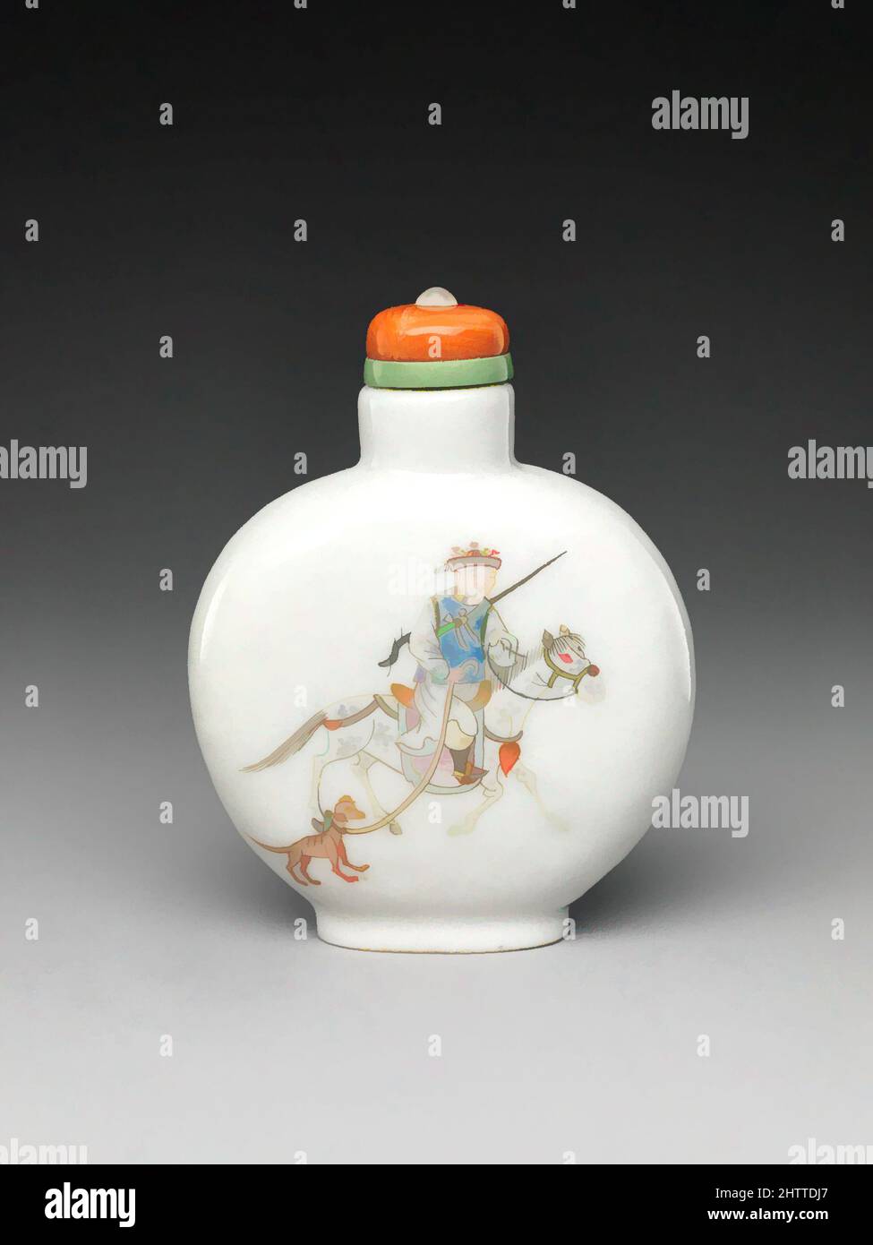 Snuff Bottle with Horse Rider, Qing dynasty (1644–1911), Daoguang mark and period (1821–50), China, Porcelain with overglazed enamel colors, coral stopper, H. 2 5/8 in. (6.7 cm), Snuff Bottles Stock Photo