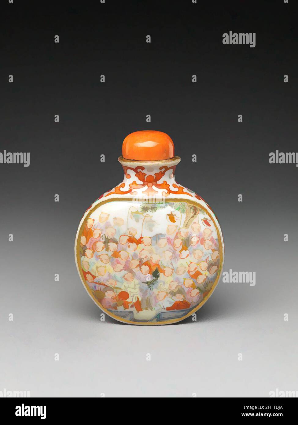 Snuff Bottle with One Hundred Children, Qing dynasty (1644–1911), Qianlong mark and period (1736–95, China, Porcelain with overglaze enamel colors, coral stopper, H. 2 1/4 in. (5.7 cm), Snuff Bottles Stock Photo
