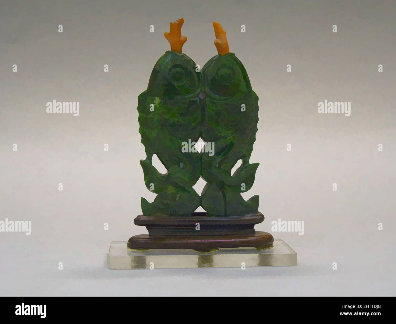 Art inspired by Double Snuff Bottle, Qing dynasty (1644–1911), 19th century, China, Chloromelanite jadeite with coral stoppers; wood stand, H. 2 7/8 in. (7.3 cm), Snuff Bottles, Classic works modernized by Artotop with a splash of modernity. Shapes, color and value, eye-catching visual impact on art. Emotions through freedom of artworks in a contemporary way. A timeless message pursuing a wildly creative new direction. Artists turning to the digital medium and creating the Artotop NFT Stock Photo