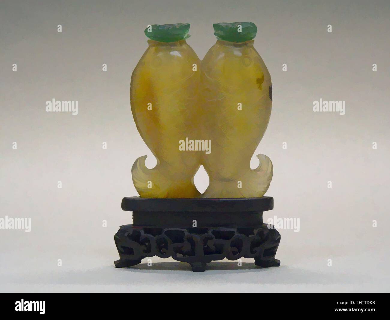 Art inspired by Double Snuff Bottle, Qing dynasty (1644–1911), Qianlong period (1736–95), China, Murrhina agate with green jadeite stoppers; wood stand, H 2 3/4 in. (7 cm), Snuff Bottles, Classic works modernized by Artotop with a splash of modernity. Shapes, color and value, eye-catching visual impact on art. Emotions through freedom of artworks in a contemporary way. A timeless message pursuing a wildly creative new direction. Artists turning to the digital medium and creating the Artotop NFT Stock Photo