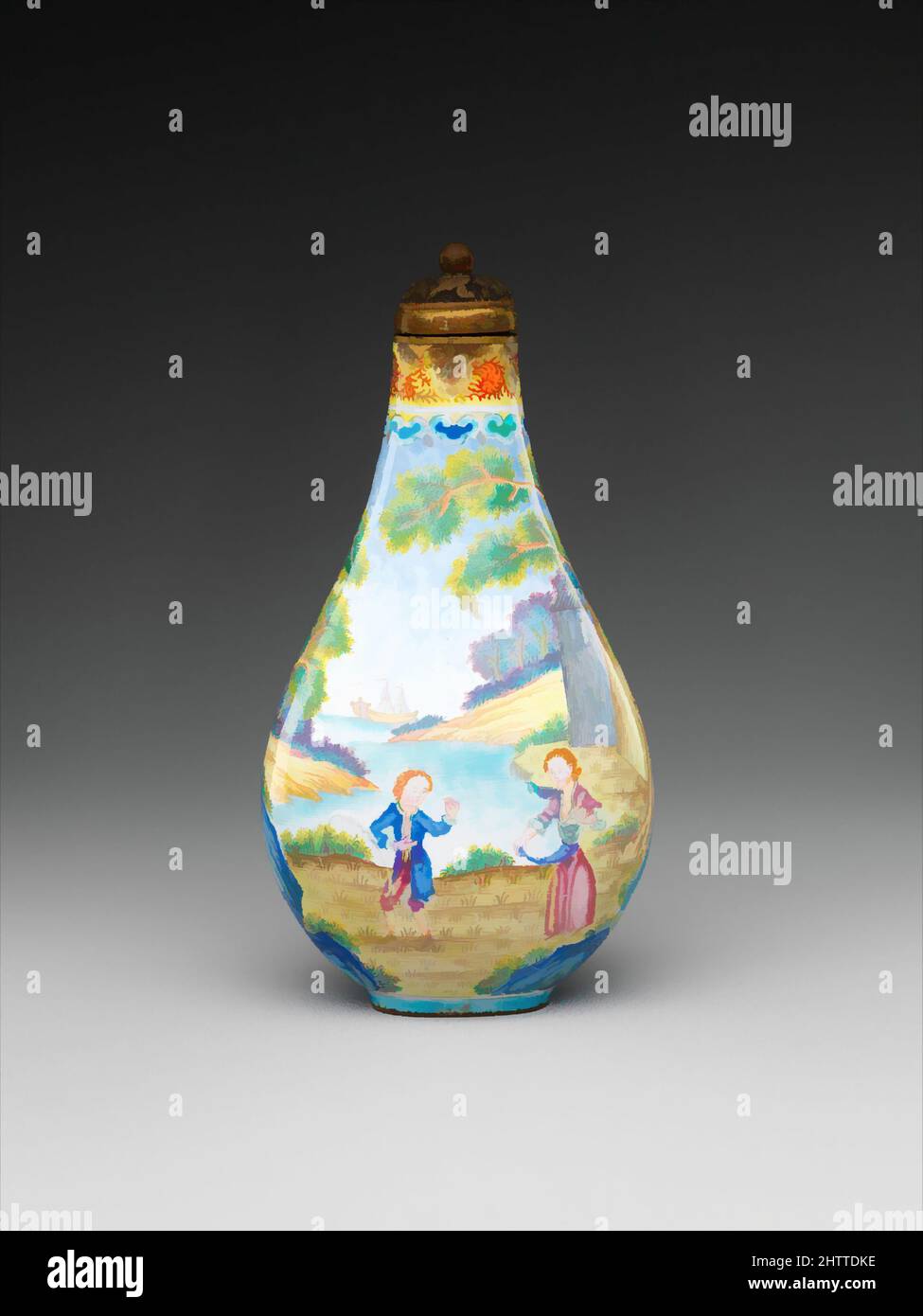 Snuff bottle with European figures, Qing dynasty (1644–1911), Qianlong period (1736–95), China, Painted enamel, H. 2 7/8 in. (7.3 cm); W. 1 1/2 in. (3.8 cm); D. 1 in. (2.5 cm), Snuff Bottles, This snuff bottles illustrates the frequent contact between China and the West during the Qing dynasty (1644–1911), when not only the technique, painted enamel, but also the decorative motifs, Western figures in a landscape setting, were introduced from Europe Stock Photo