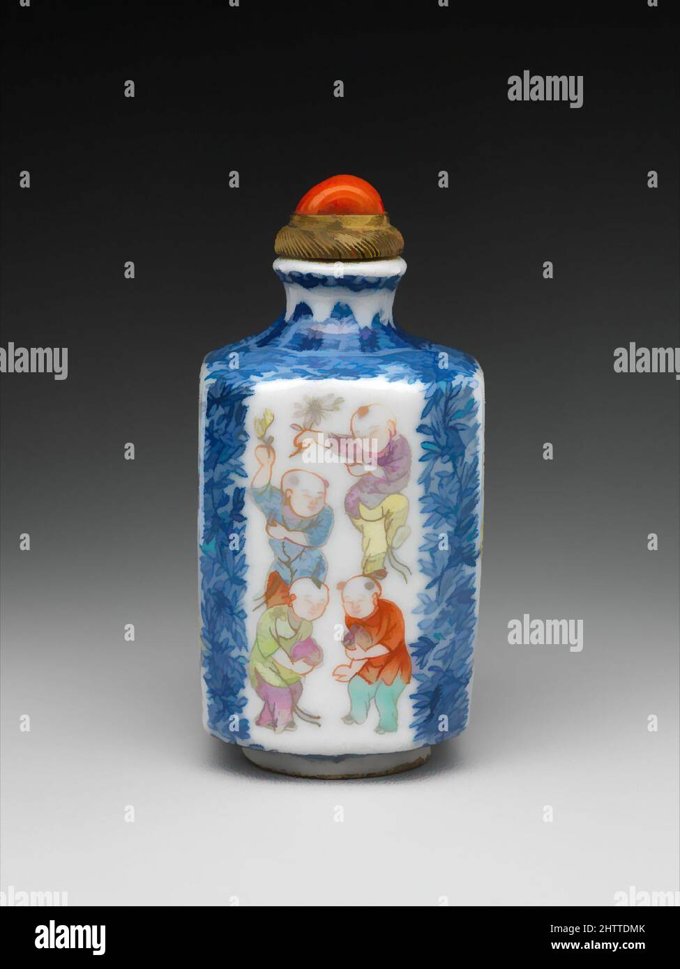 Snuff bottle with boys at play, Qing dynasty (1644–1911), Daoguang period (1821–50), China, Porcelain painted with colored enamels over a transparent glaze (Jingdezhen ware), H. 3 3/4 in. (9.5 cm), Snuff Bottles Stock Photo