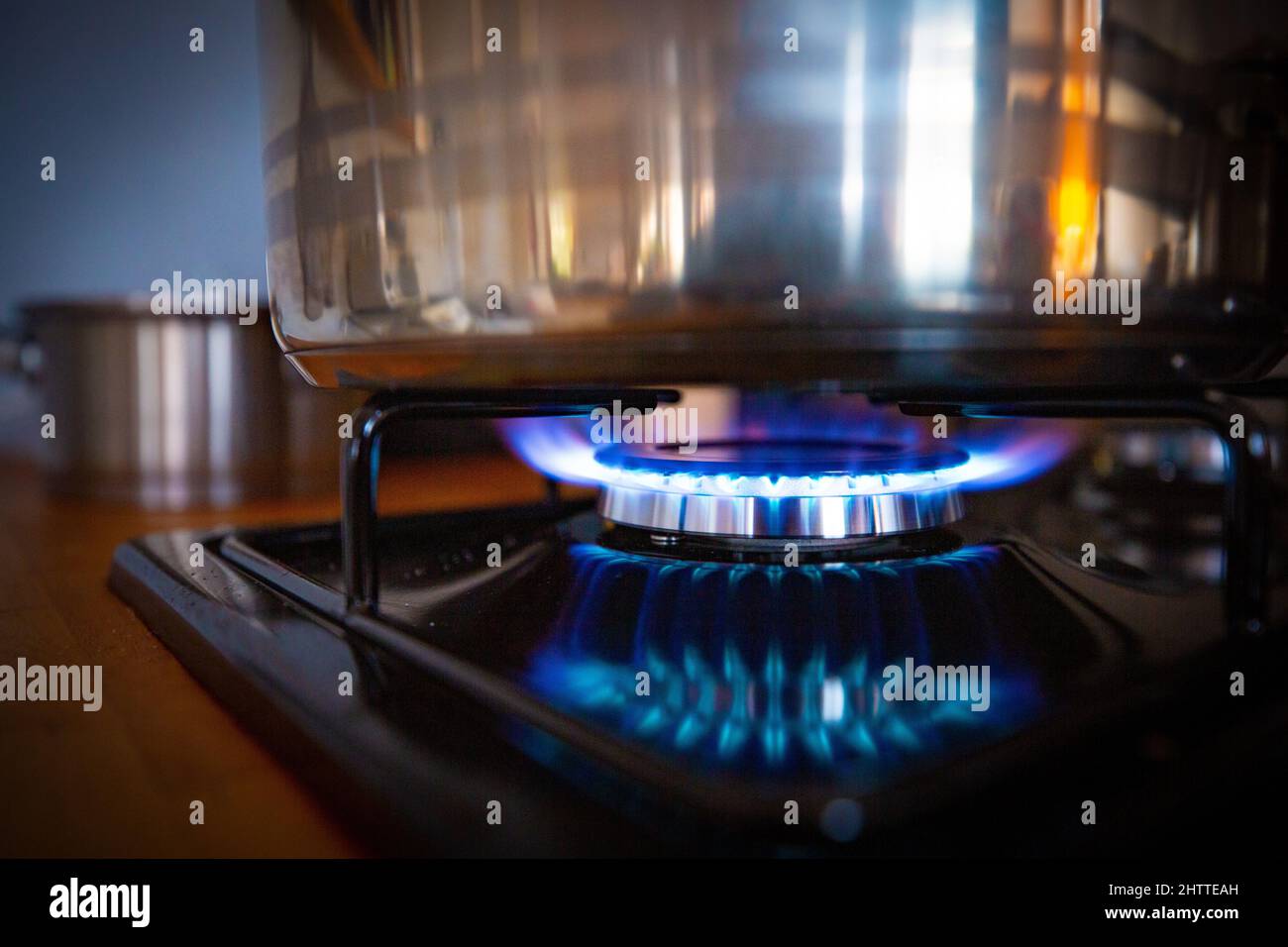 Gas Flame On A Gas Stove With Cooking Pots, Gas Price Increase Stock
