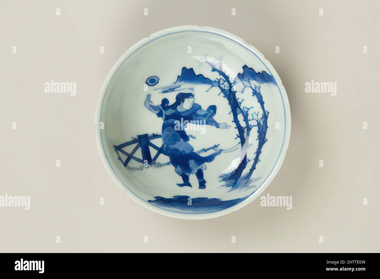 Art inspired by Bowl, Qing dynasty (1644–1911), later Transitional period, ca. 1662–83, China, Porcelain with carved decoration, painted in underglaze blue, H. 1 5/8 in. (4.1 cm); Diam. 4 7/8 in. (12.4 cm); Diam. of foot 2 1/8 in. (5.4 cm), Ceramics, Classic works modernized by Artotop with a splash of modernity. Shapes, color and value, eye-catching visual impact on art. Emotions through freedom of artworks in a contemporary way. A timeless message pursuing a wildly creative new direction. Artists turning to the digital medium and creating the Artotop NFT Stock Photo