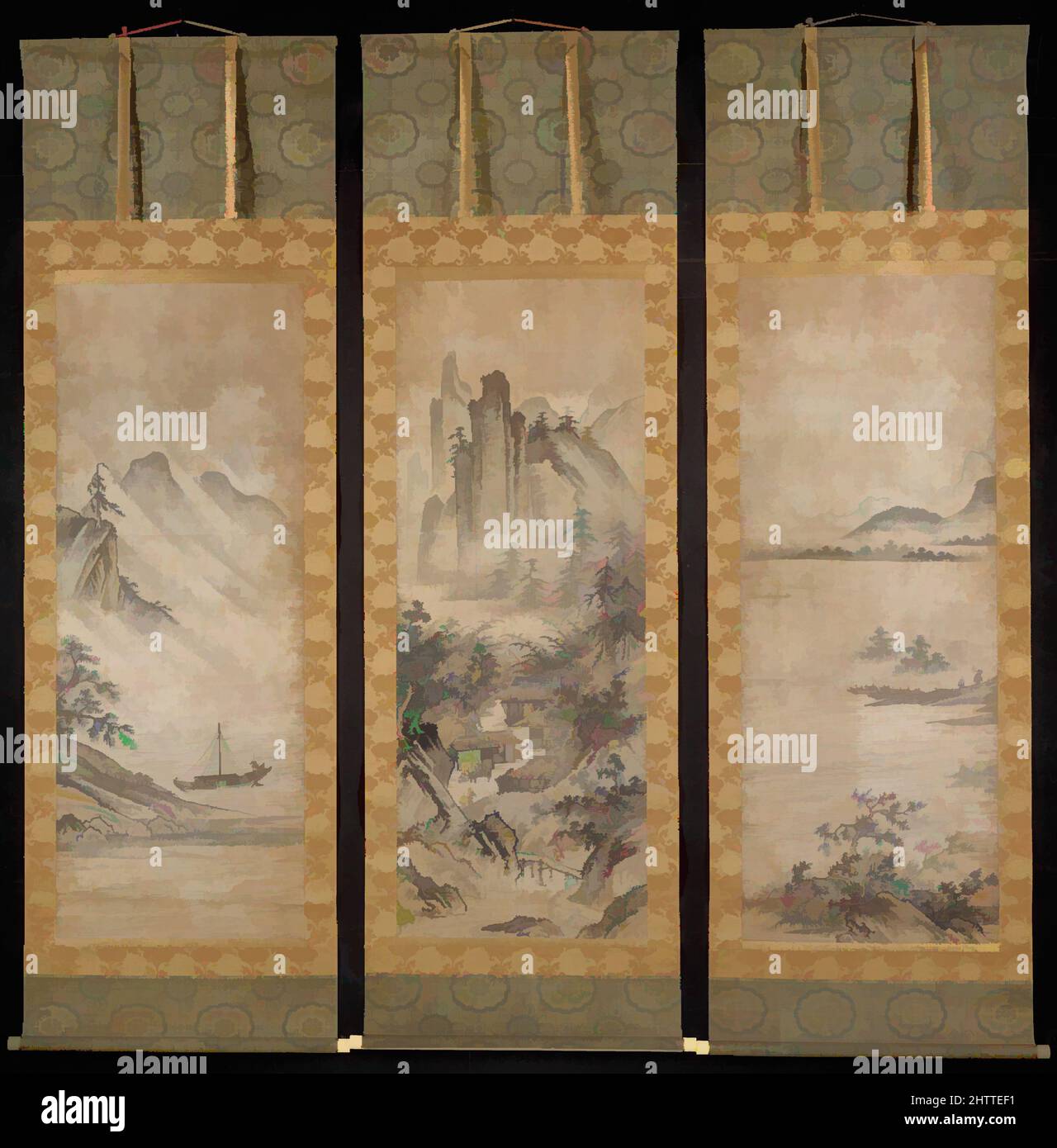 Art inspired by Eight Views of Xiao and Xiang, Muromachi period (1392–1573), 16th century, Japan, Hanging scroll; ink and color on paper, 60 7/8 x 23 1/4 in. (154.6 x 59.1 cm), Paintings, The theme of the Eight Views of the Xiao and Xiang Rivers celebrates man's emotional response to, Classic works modernized by Artotop with a splash of modernity. Shapes, color and value, eye-catching visual impact on art. Emotions through freedom of artworks in a contemporary way. A timeless message pursuing a wildly creative new direction. Artists turning to the digital medium and creating the Artotop NFT Stock Photo