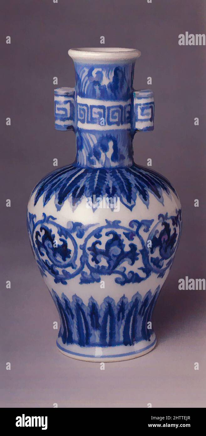 Art inspired by 明宣德 景德鎮窯青花貫耳瓶, Vase, Ming dynasty (1368–1644), Xuande mark and period (1426–35), China, Porcelain decorated with cobalt blue under transparent glaze (Jingdezhen ware), H. 7 3/4 in. (19.7 cm); Diam. 4 in. (10.2 cm); Diam. of rim: 1 7/8 in. (4.8 cm); Diam. of foot: 2 1/2, Classic works modernized by Artotop with a splash of modernity. Shapes, color and value, eye-catching visual impact on art. Emotions through freedom of artworks in a contemporary way. A timeless message pursuing a wildly creative new direction. Artists turning to the digital medium and creating the Artotop NFT Stock Photo