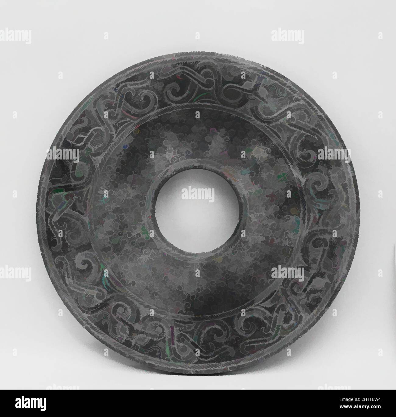 Art inspired by Disk, Han dynasty (206 B.C.–A.D. 220), China, Jade, Diam. 11 7/8 in. (30.2 cm), Jade, Classic works modernized by Artotop with a splash of modernity. Shapes, color and value, eye-catching visual impact on art. Emotions through freedom of artworks in a contemporary way. A timeless message pursuing a wildly creative new direction. Artists turning to the digital medium and creating the Artotop NFT Stock Photo