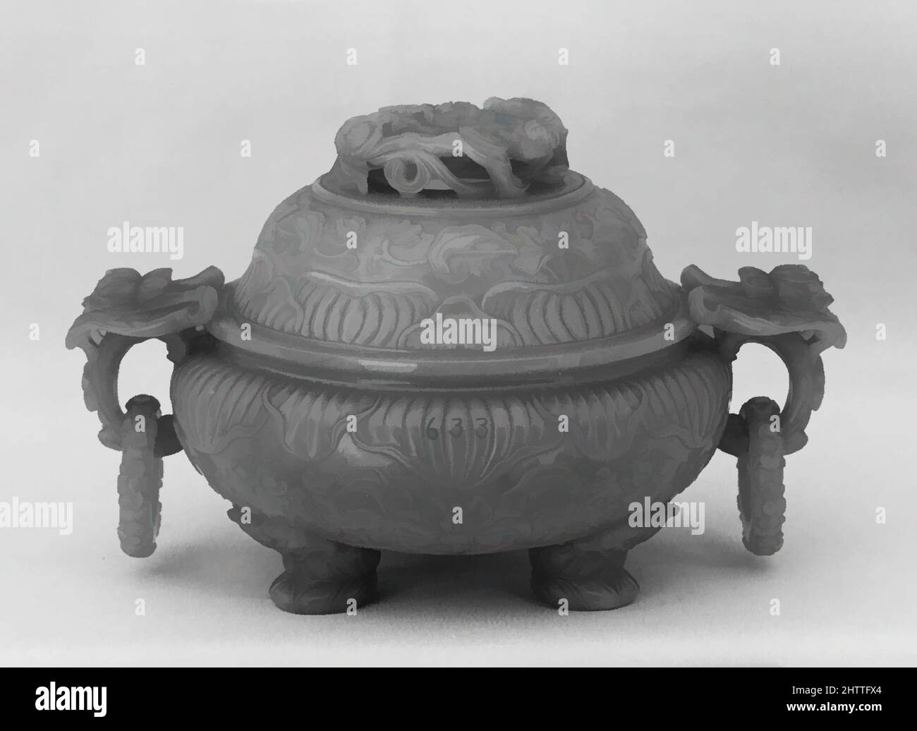 Art inspired by Incense burner with cover, Qing dynasty (1644–1911), Qianlong period (1736–95), China, Nephrite, very light grey with an exceedingly faint greenish tint, H. 3 7/8 in. (9.9 cm); W. 6 5/16 in. (16 cm), Jade, Classic works modernized by Artotop with a splash of modernity. Shapes, color and value, eye-catching visual impact on art. Emotions through freedom of artworks in a contemporary way. A timeless message pursuing a wildly creative new direction. Artists turning to the digital medium and creating the Artotop NFT Stock Photo