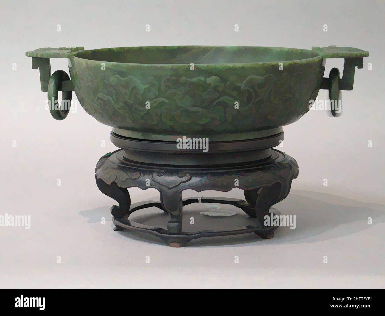 Art inspired by Bowl with Square Handles, Qing dynasty (1644–1911), Qianlong period (1736–95), China, Nephrite, spinach-green with black specks and mottlings of brown clouds, H. 3 in. (7.6 cm); W. 13 1/8 in. (33.4 cm), Jade, Classic works modernized by Artotop with a splash of modernity. Shapes, color and value, eye-catching visual impact on art. Emotions through freedom of artworks in a contemporary way. A timeless message pursuing a wildly creative new direction. Artists turning to the digital medium and creating the Artotop NFT Stock Photo