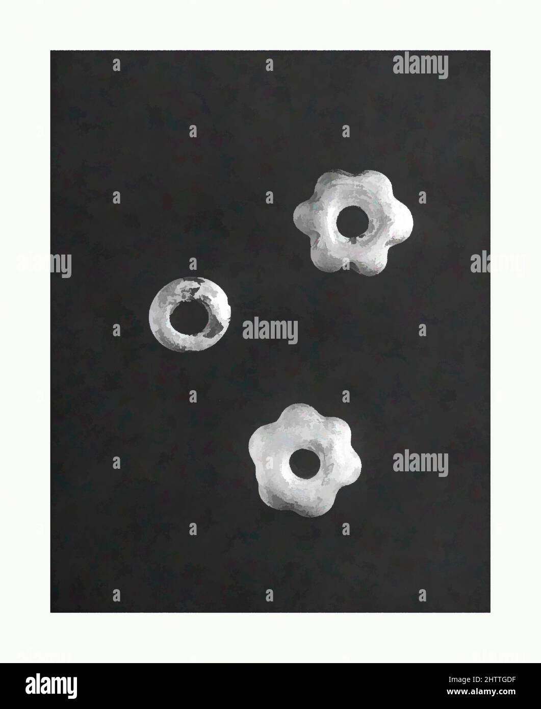 Art inspired by Three Small Beads, Cog-Wheel-Shaped, Warring States period (ca. 481 – 221 B.C.), China, Glass, a. Diam. 9/16 in. (1.4 cm), Glass, Classic works modernized by Artotop with a splash of modernity. Shapes, color and value, eye-catching visual impact on art. Emotions through freedom of artworks in a contemporary way. A timeless message pursuing a wildly creative new direction. Artists turning to the digital medium and creating the Artotop NFT Stock Photo