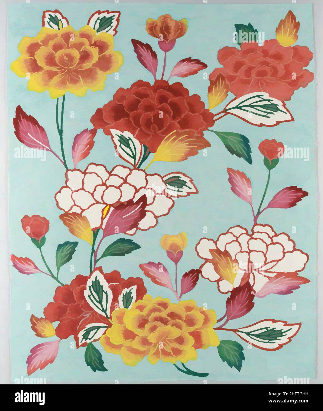 Art inspired by Bingata Panel with Tree Peonies, 20th century, Japan (Ryūkyū Islands), Cotton tabby, 18 1/4 x 15 in. (46.4 x 38.1 cm), Textiles, Classic works modernized by Artotop with a splash of modernity. Shapes, color and value, eye-catching visual impact on art. Emotions through freedom of artworks in a contemporary way. A timeless message pursuing a wildly creative new direction. Artists turning to the digital medium and creating the Artotop NFT Stock Photo