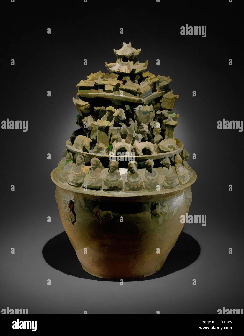 Art inspired by 西晉 越窯神人樓閣紋青瓷瓶（魂瓶）, Funerary Urn (Hunping), Western Jin dynasty (265–316), China, Stoneware with olive green glaze (Yue ware), H. 17 7/8 in. (45.4 cm); W. 11 15/16 in. (30.3 cm), Ceramics, One modern theory about the use of this elaborately modeled urn is that it may, Classic works modernized by Artotop with a splash of modernity. Shapes, color and value, eye-catching visual impact on art. Emotions through freedom of artworks in a contemporary way. A timeless message pursuing a wildly creative new direction. Artists turning to the digital medium and creating the Artotop NFT Stock Photo