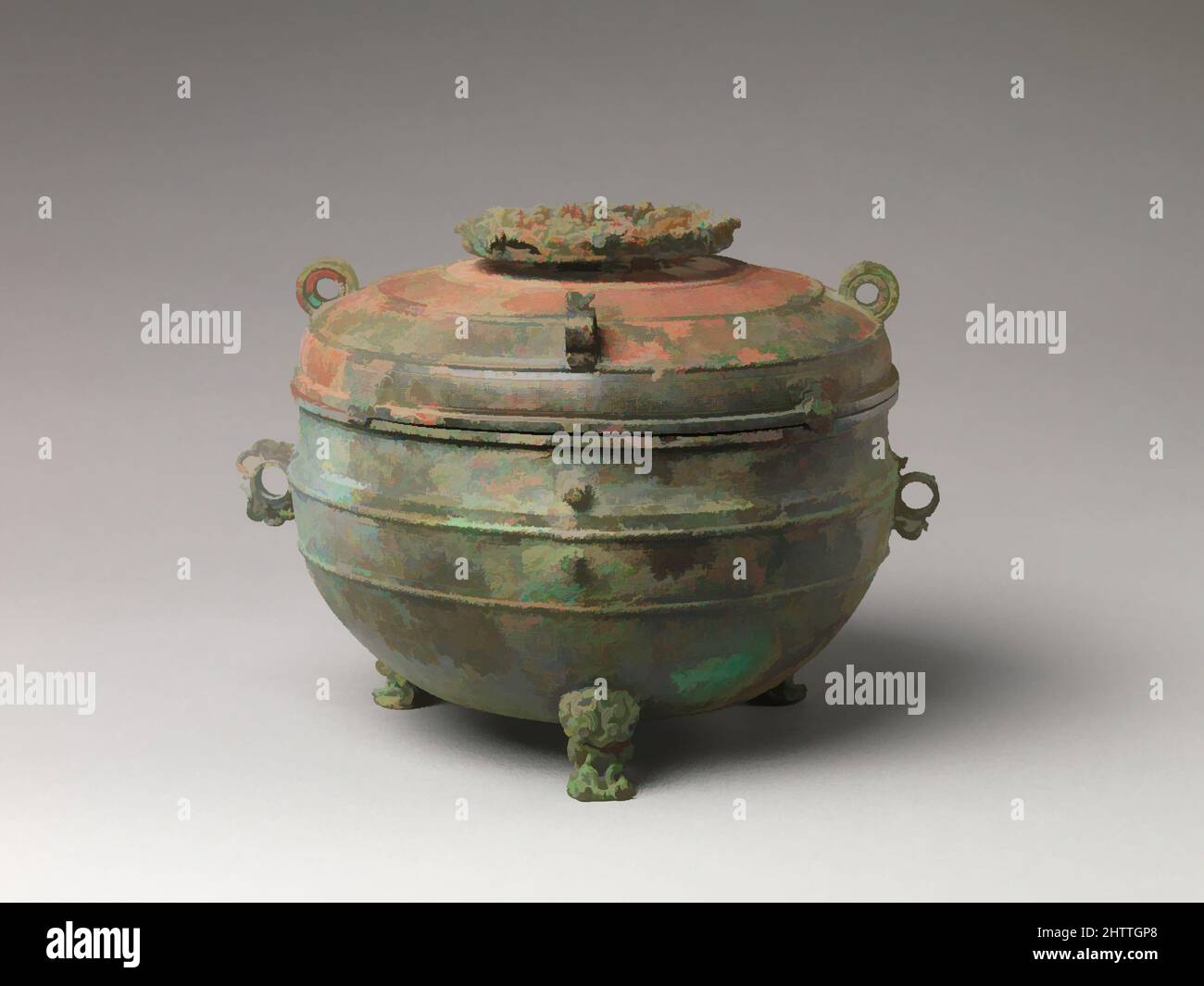 Art inspired by 春秋 青銅敦, Grain Vessel (Dui), Eastern Zhou dynasty, Spring and Autumn period (770–476 B.C.), early 6th century B.C., China, Bronze, H. 8 in. (20.3 cm); Diam. 10 5/8 in. (27 cm), Metalwork, Classic works modernized by Artotop with a splash of modernity. Shapes, color and value, eye-catching visual impact on art. Emotions through freedom of artworks in a contemporary way. A timeless message pursuing a wildly creative new direction. Artists turning to the digital medium and creating the Artotop NFT Stock Photo