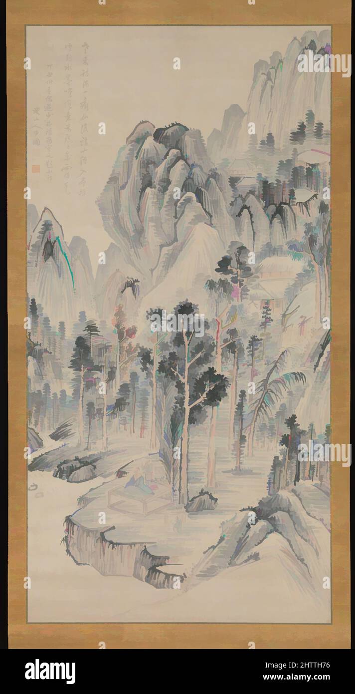 Art inspired by Shōrinji Temple, Edo period (1615–1868), 1817, Japan, Hanging scroll; ink and color on paper, Image: 70 1/8 x 35 5/8 in. (178.1 x 90.5 cm), Paintings, Okada Beisanjin (Japanese, 1744–1820), By fancifully reinterpreting this Zen temple near Osaka as a Chinese retreat, Classic works modernized by Artotop with a splash of modernity. Shapes, color and value, eye-catching visual impact on art. Emotions through freedom of artworks in a contemporary way. A timeless message pursuing a wildly creative new direction. Artists turning to the digital medium and creating the Artotop NFT Stock Photo