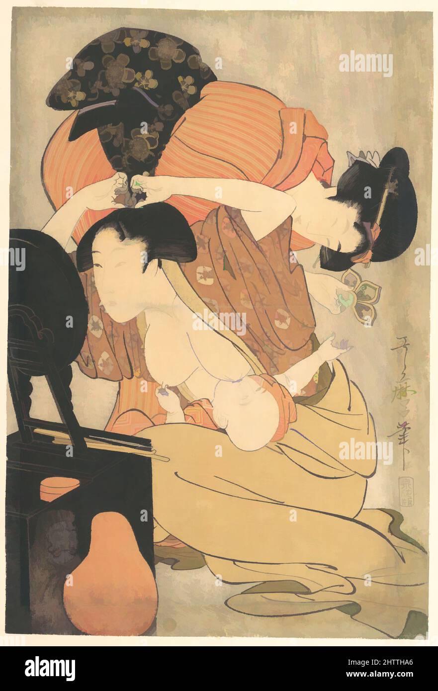 Art inspired by Mother and Child, Edo period (1615–1868), ca. 1793, Japan, Polychrome woodblock print; ink and color on paper, H. 14 5/8 in. (37.1 cm); W. 10 in. (25.4 cm), Prints, Kitagawa Utamaro (Japanese, 1753?–1806), Utamaro composed this two image with considerable skill and, Classic works modernized by Artotop with a splash of modernity. Shapes, color and value, eye-catching visual impact on art. Emotions through freedom of artworks in a contemporary way. A timeless message pursuing a wildly creative new direction. Artists turning to the digital medium and creating the Artotop NFT Stock Photo