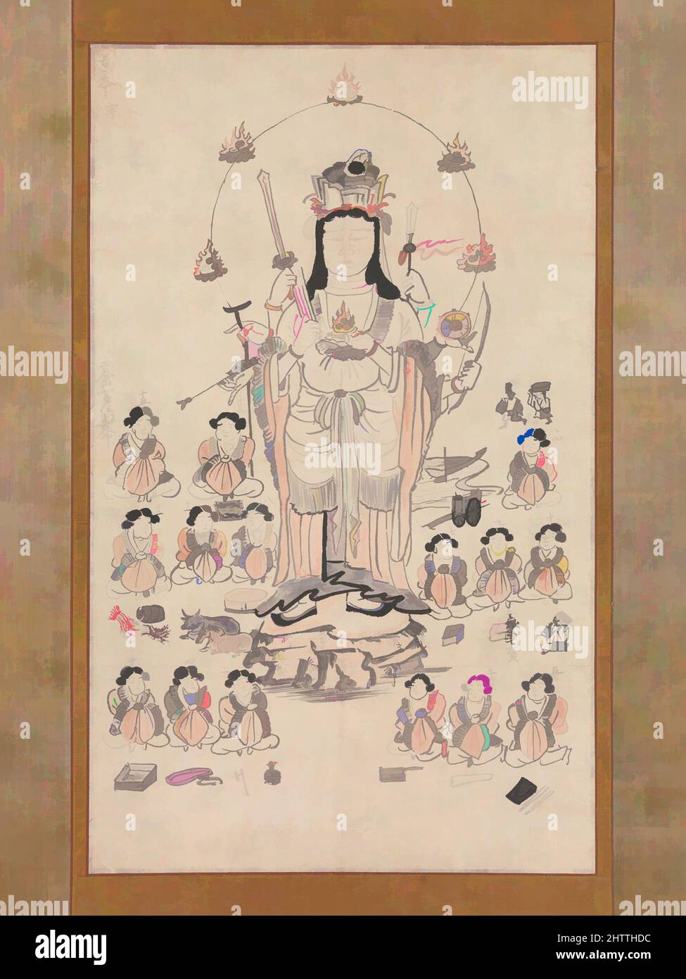 Art inspired by Benzaiten and Fifteen Attendants, 弁財天十五童子像, Kamakura period (1185–1333), 13th century, Japan, Hanging scroll; ink and color on paper, Overall: 53 1/2 x 19 3/8 in. (135.9 x 49.2 cm), Paintings, Classic works modernized by Artotop with a splash of modernity. Shapes, color and value, eye-catching visual impact on art. Emotions through freedom of artworks in a contemporary way. A timeless message pursuing a wildly creative new direction. Artists turning to the digital medium and creating the Artotop NFT Stock Photo