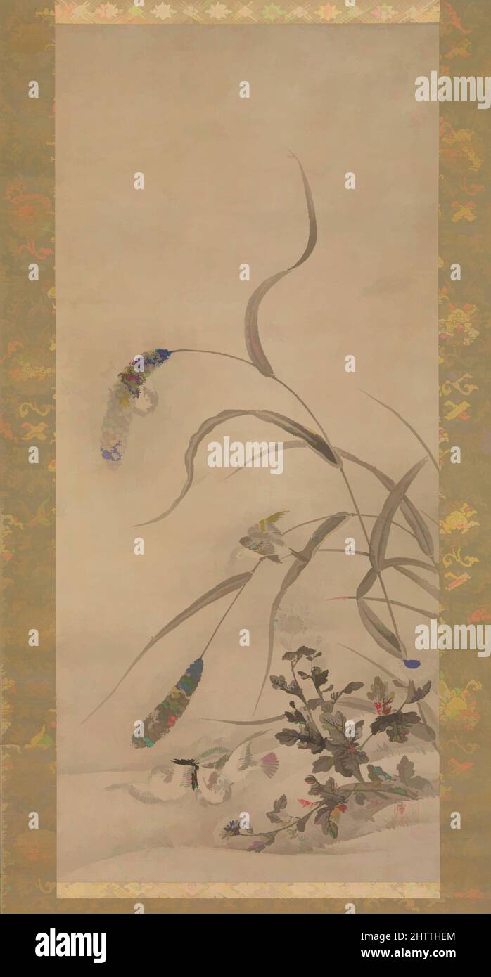 Art inspired by Millet and Sparrows, 粟に燕図, Muromachi period (1392–1573), mid-16th century, Japan, Hanging scroll; ink on paper, Image: 39 9/16 × 17 5/8 in. (100.5 × 44.8 cm), Paintings, Geiai (active mid-16th century), The everyday sight of cavorting sparrows was a favored theme among, Classic works modernized by Artotop with a splash of modernity. Shapes, color and value, eye-catching visual impact on art. Emotions through freedom of artworks in a contemporary way. A timeless message pursuing a wildly creative new direction. Artists turning to the digital medium and creating the Artotop NFT Stock Photo