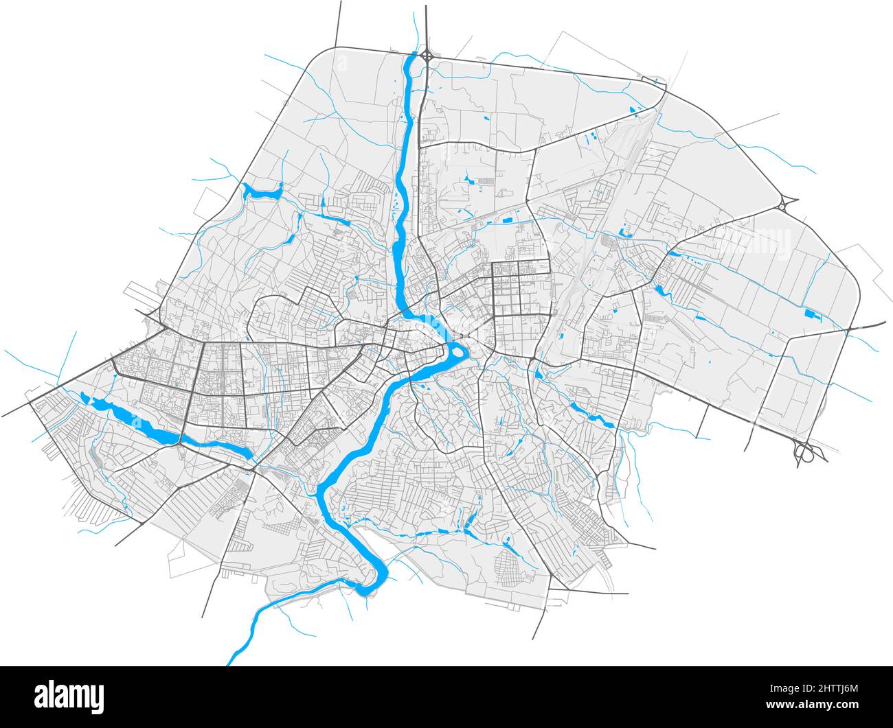 Vinnytsia, Vinnytsia Oblast, Ukraine high resolution vector map with city boundaries and outlined paths. White additional outlines for main roads. Man Stock Vector