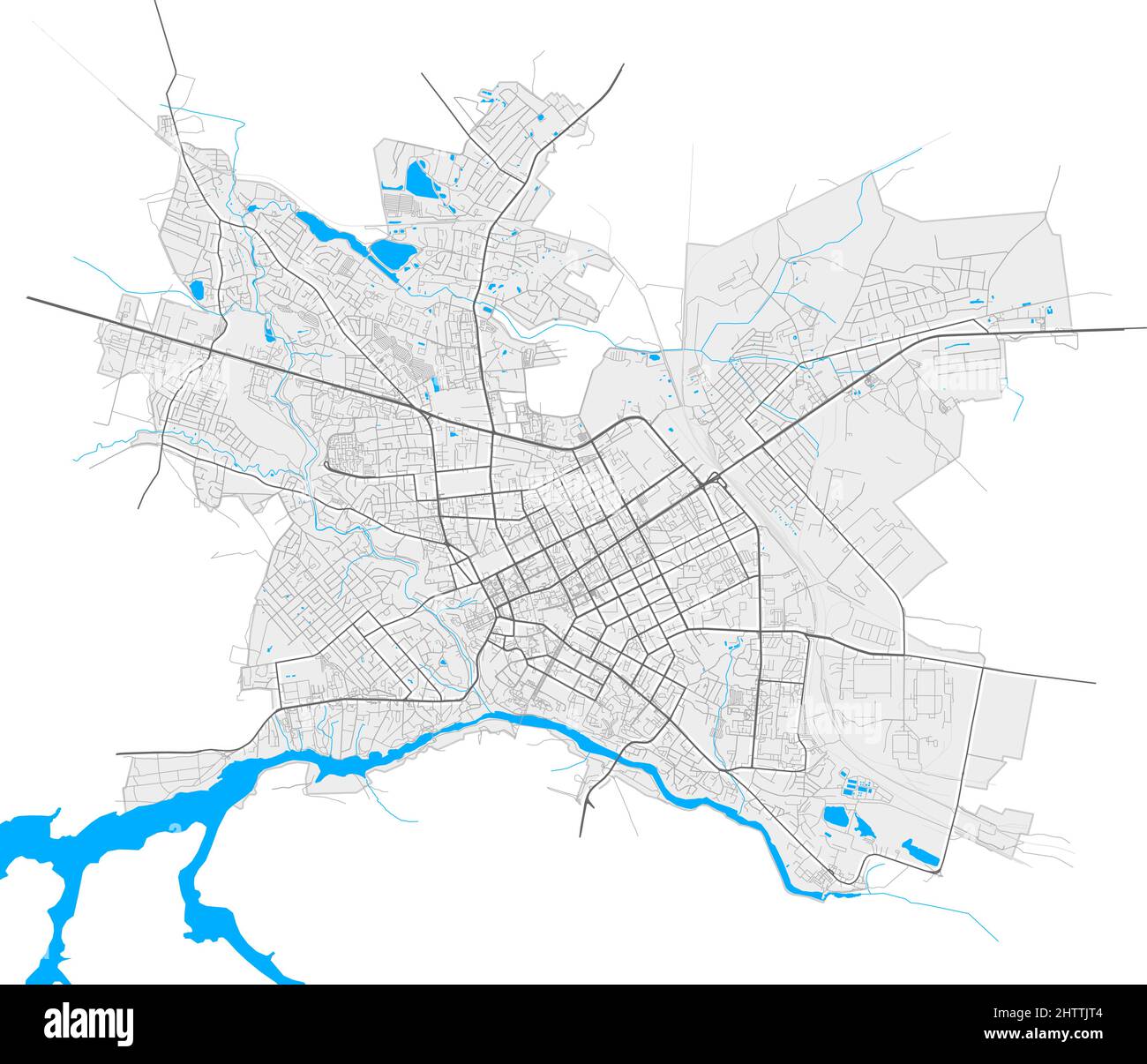 Zhytomyr, Zhytomyr Oblast, Ukraine high resolution vector map with city boundaries and outlined paths. White additional outlines for main roads. Many Stock Vector