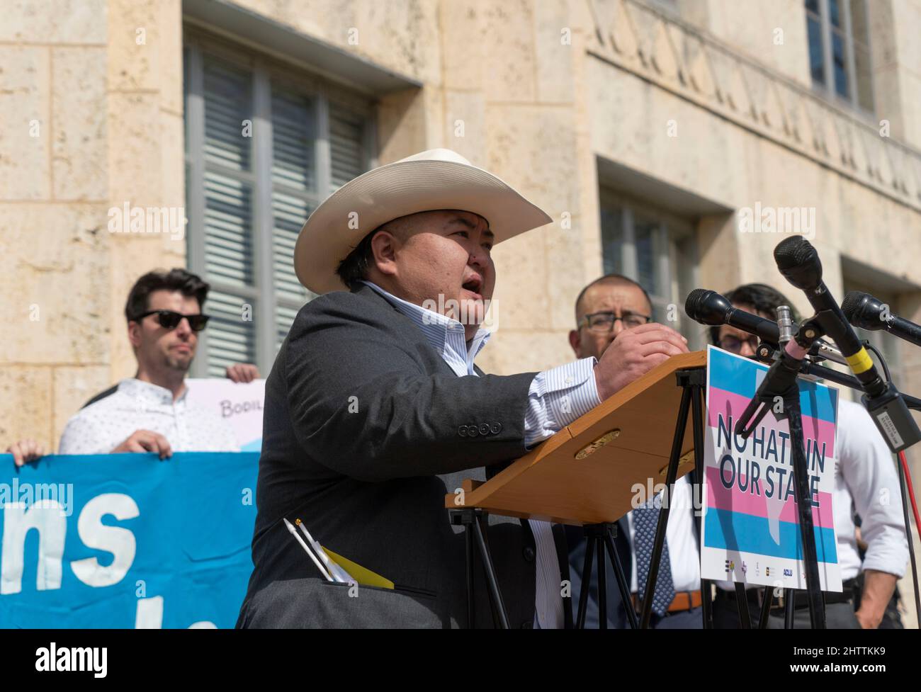 Austin, United States. 02nd Mar, 2022. A coalition of transgender support groups, including EMMETT SCHELLING of the Transgender Education Network of Texas (TENT) hold a press conference outside the Travis County Courthouse while waiting for a ruling filed to block the state of Texas from opening up an abuse investigation on a Dallas-area couple providing their child with gender-affirming medical care. Credit: Bob Daemmrich/Alamy Live News Stock Photo