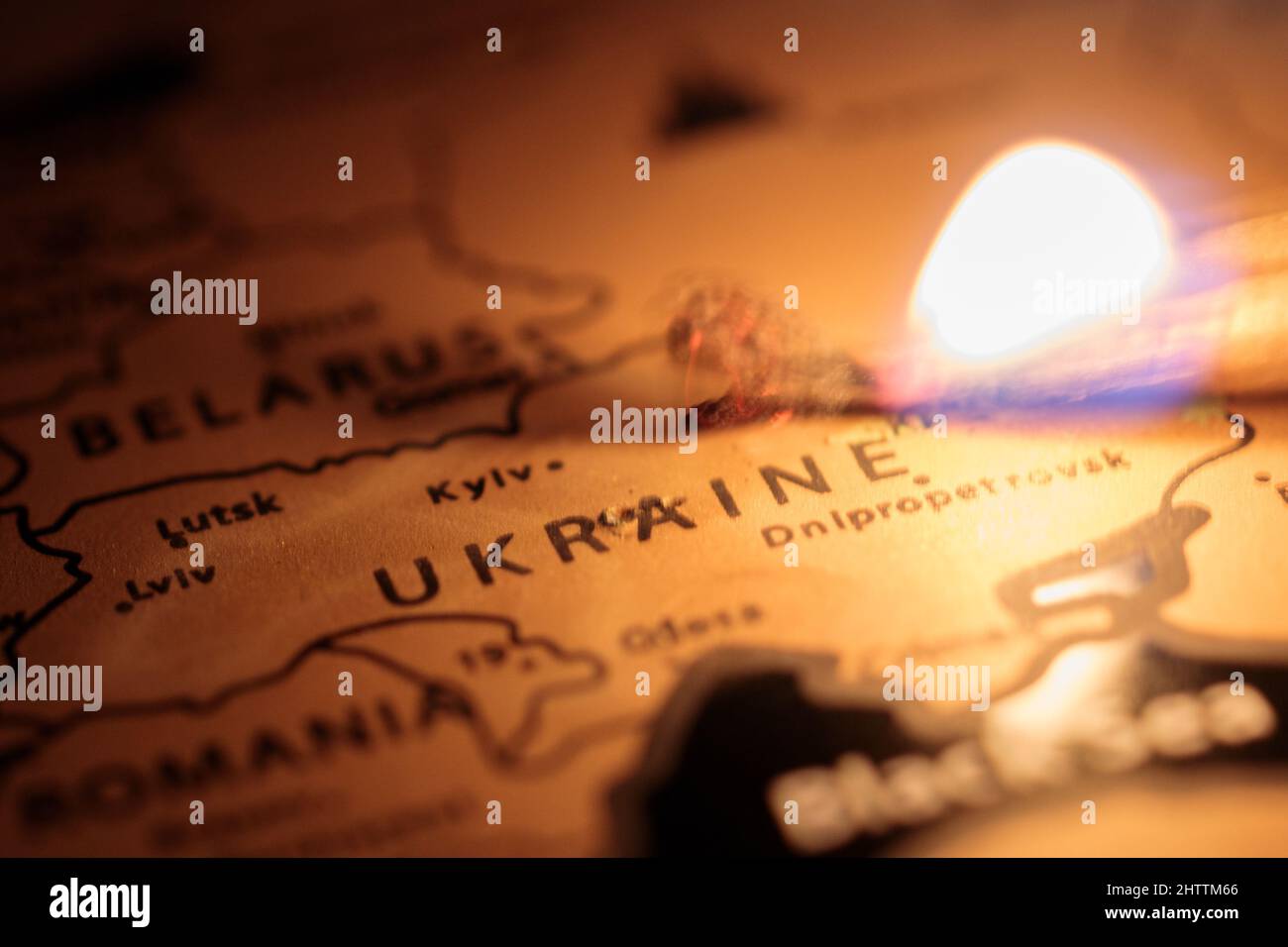 Arson map of ukrainay, conceptual image. Ukraine, selective focus. Russia's invasion of Ukraine. Stock Photo