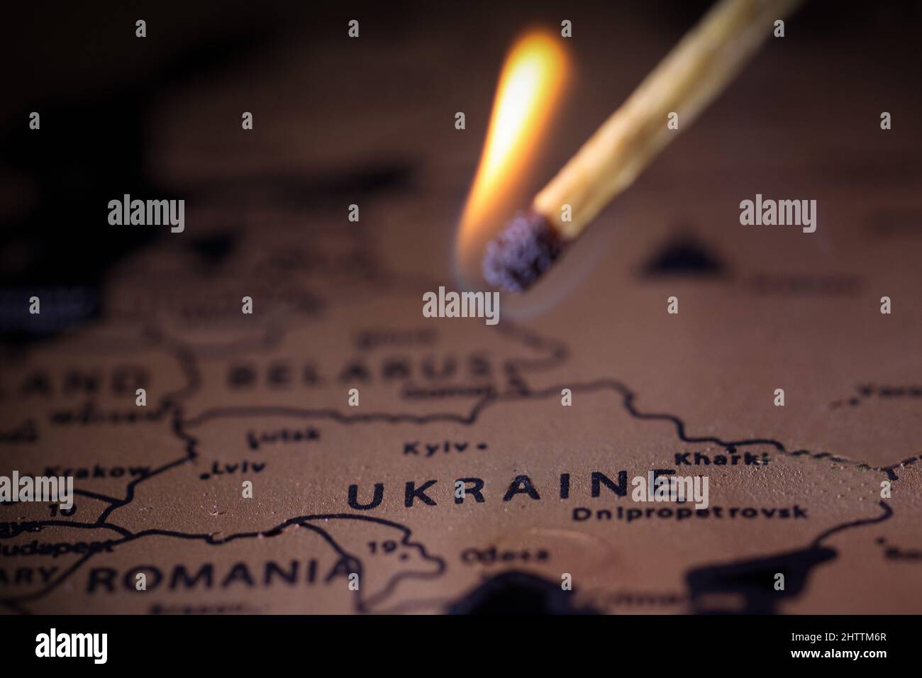 Ukraine, selective focus. Russia's invasion of Ukraine, WAR. Arson map of ukrainay, conceptual image. ATTACK Stock Photo