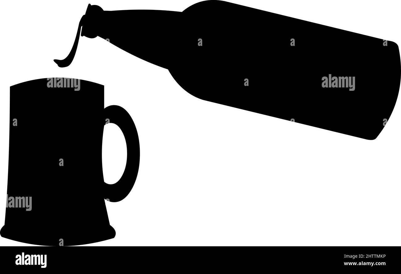 Vector black silhouette illustration of a bottle pouring liquid into a beer mug Stock Vector