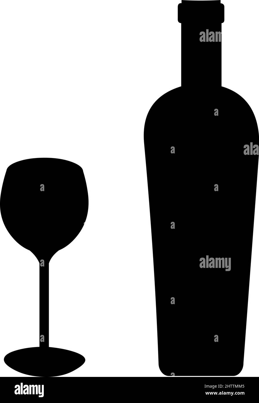 Vector illustration of the black silhouette of a bottle and a glass of wine Stock Vector