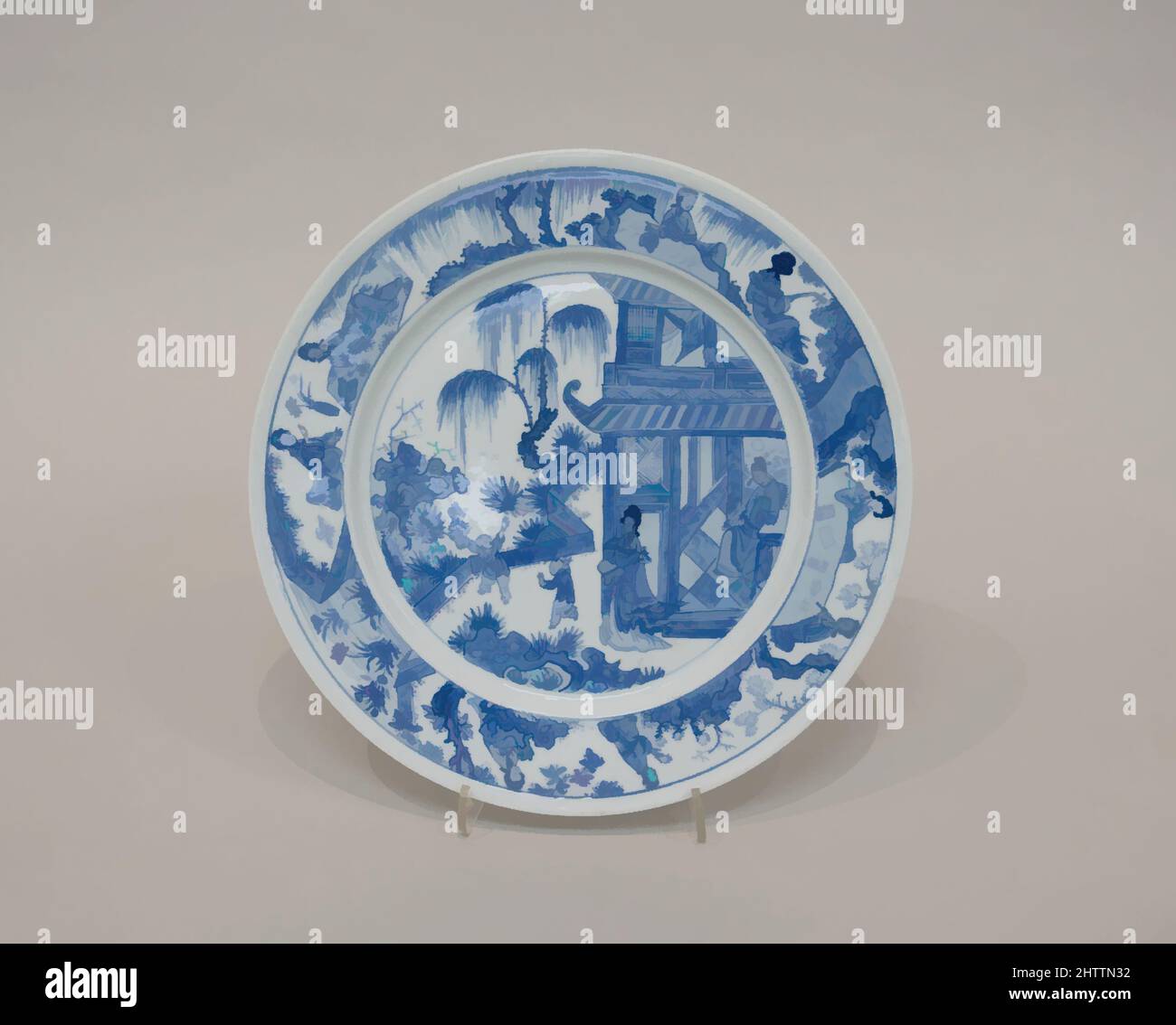 Art inspired by Plate, Qing dynasty (1644–1911), Kangxi period (1662–1722), late 17th–early 18th century, China, Porcelain painted in underglaze blue, H. 7/8 in. (2.2 cm); Diam. of rim 10 in. (25.4 cm); Diam. of foot 5 5/8 in. (14.3 cm), Ceramics, Classic works modernized by Artotop with a splash of modernity. Shapes, color and value, eye-catching visual impact on art. Emotions through freedom of artworks in a contemporary way. A timeless message pursuing a wildly creative new direction. Artists turning to the digital medium and creating the Artotop NFT Stock Photo