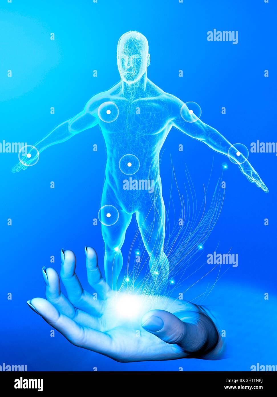 Creation of life, artificial intelligence. Human anatomy and control of all vital function. Man in the palm of the hand. New technologies and future Stock Photo