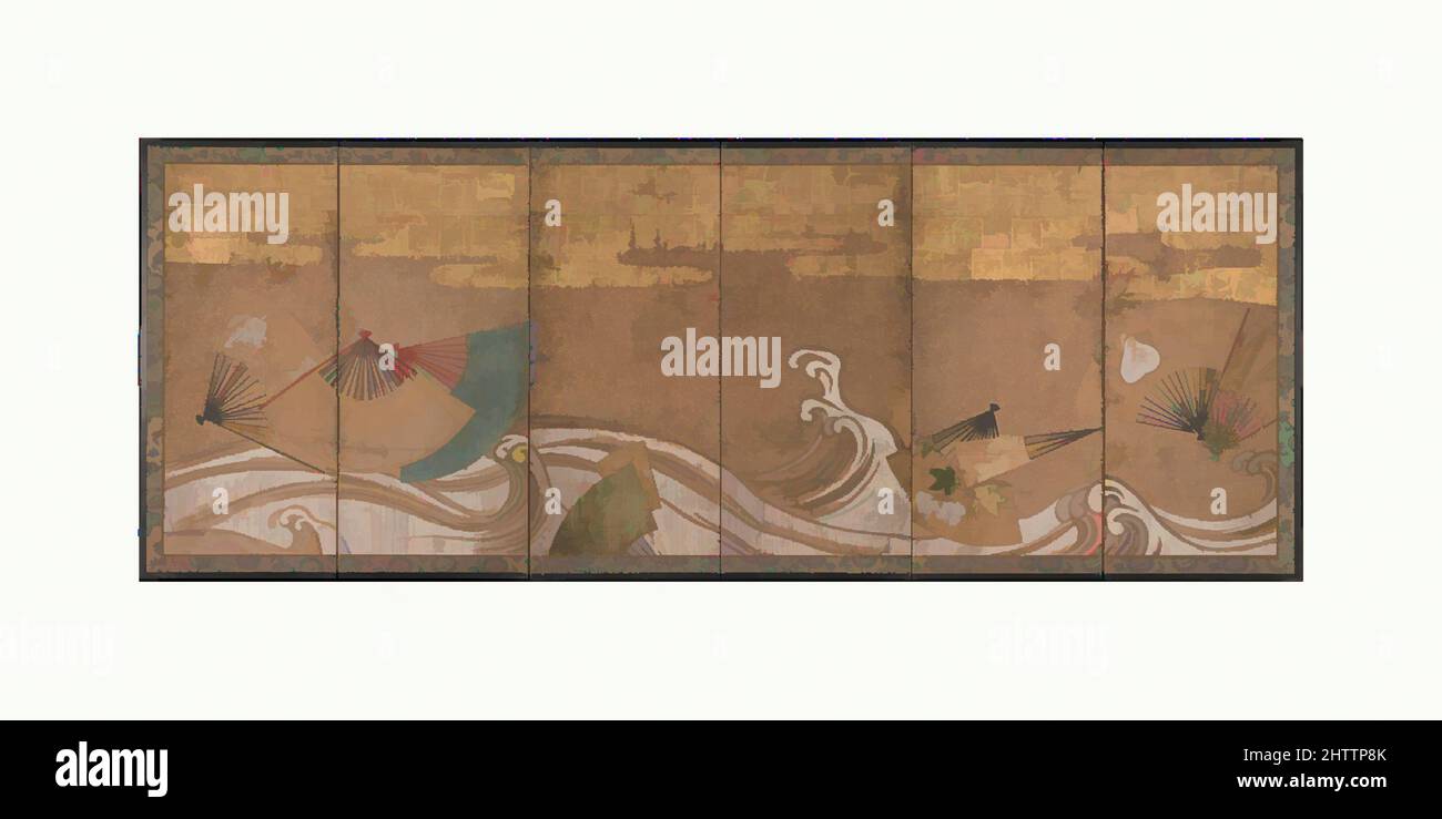 Art inspired by Fans upon Waves, 波に扇面流し図屏風, Edo period (1615–1868), mid-17th century, Japan, Six-panel folding screen; ink, color, and gold leaf on paper, 40 3/16 x 113 5/16 in. (102.1 x 287.8 cm), Screens, Wave-based imagery and designs, popular among painters of the Rinpa school, are, Classic works modernized by Artotop with a splash of modernity. Shapes, color and value, eye-catching visual impact on art. Emotions through freedom of artworks in a contemporary way. A timeless message pursuing a wildly creative new direction. Artists turning to the digital medium and creating the Artotop NFT Stock Photo
