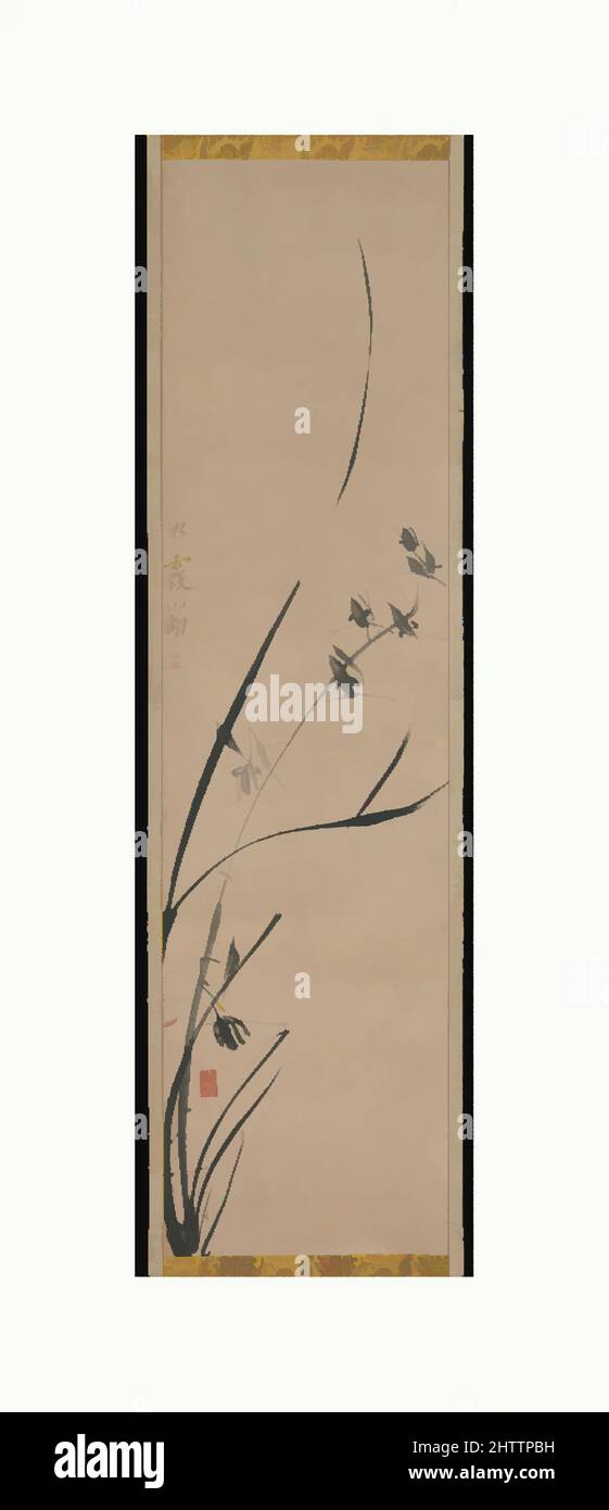 Art inspired by Orchids, Edo period (1615–1868), 18th century, Japan, Hanging scroll; ink on paper, 38 1/16 x 9 15/16 in. (96.7 x 25.2 cm), Paintings, Ike Taiga (Japanese, 1723–1776, Classic works modernized by Artotop with a splash of modernity. Shapes, color and value, eye-catching visual impact on art. Emotions through freedom of artworks in a contemporary way. A timeless message pursuing a wildly creative new direction. Artists turning to the digital medium and creating the Artotop NFT Stock Photo