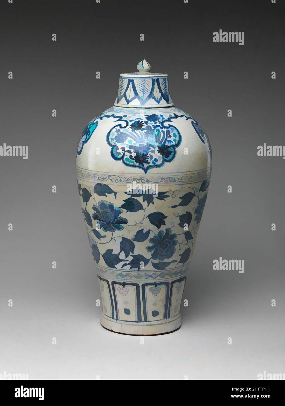 Art inspired by Bottle with Peony Scroll, Yuan dynasty (1271–1368), mid-14th century, China, Porcelain painted with cobalt blue under a transparent glaze (Jingdezhen ware), H. 17 1/2 in. (44.5 cm), Ceramics, The structured surface of this bottle ultimately derives from the Islamic, Classic works modernized by Artotop with a splash of modernity. Shapes, color and value, eye-catching visual impact on art. Emotions through freedom of artworks in a contemporary way. A timeless message pursuing a wildly creative new direction. Artists turning to the digital medium and creating the Artotop NFT Stock Photo