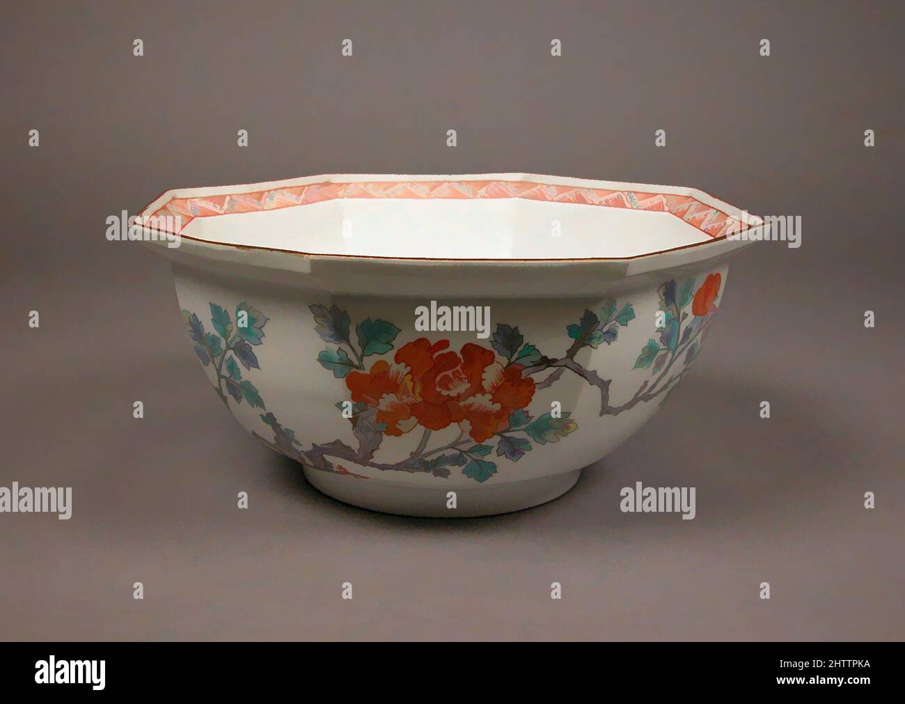 Art inspired by Octagonal Bowl with Design of Peonies, Edo period  (1615–1868), 1670–1710s, Japan, Porcelain with overglaze enamels (Hizen  ware, Arita region, Kakiemon style), Diam. 10 1/8 in. (25.7 cm); H. 4